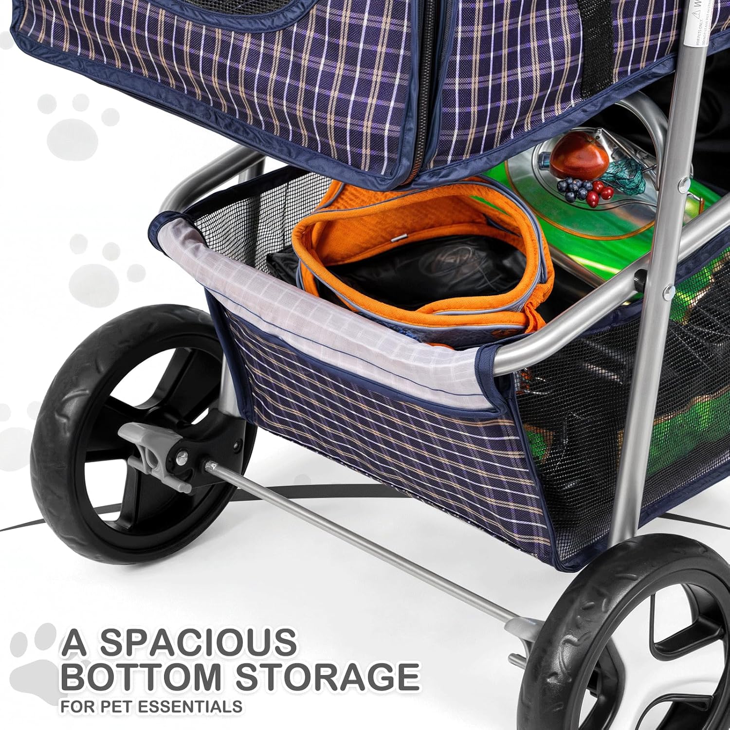 Plaid Foldable Dog Stroller with Storage and Cup Holder