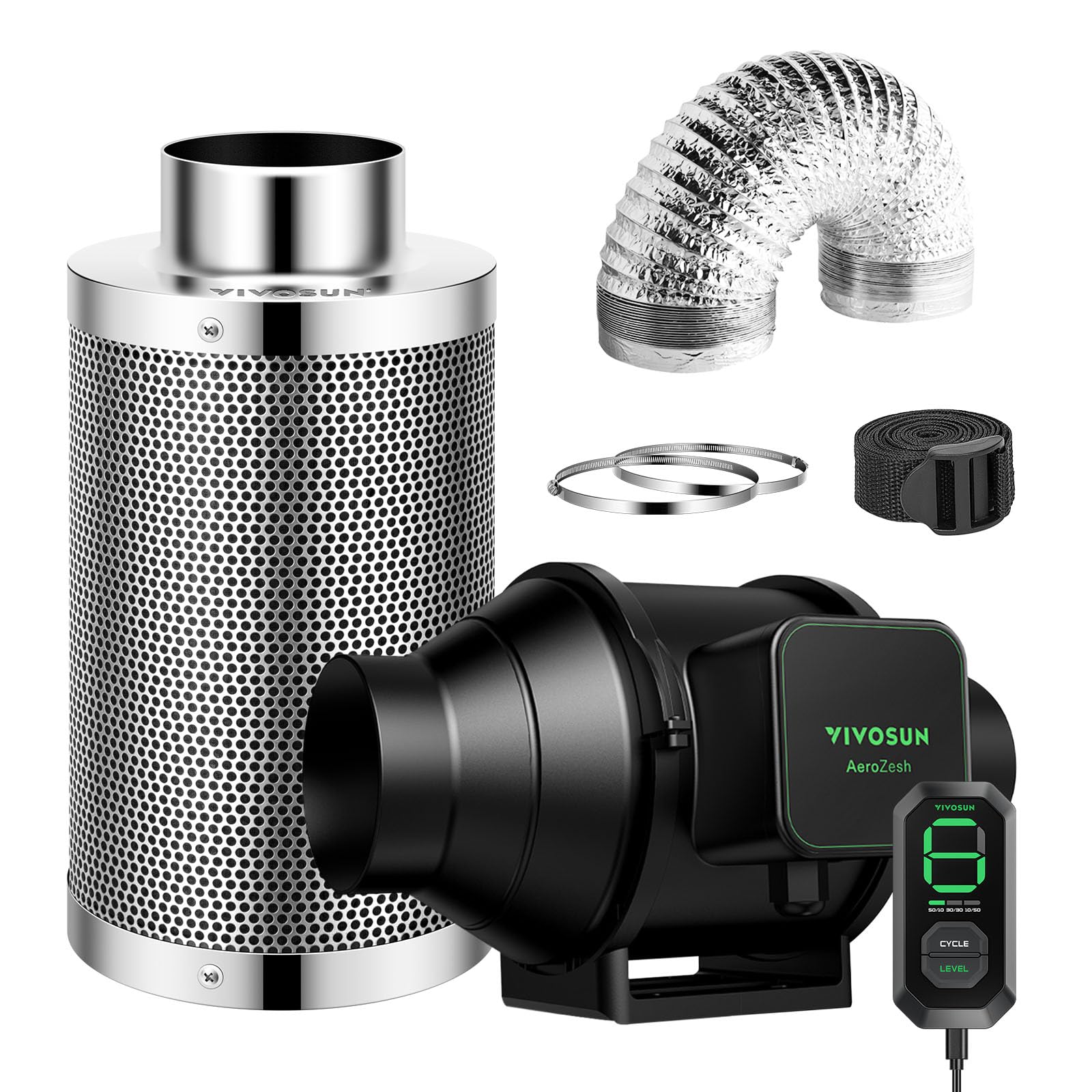 VIVOSUN Smart Air Filtration S4 Kit 4", AeroZesh S4 Inline Duct Fan with E12 Speed Controller, Carbon Filter & 8' Ducting, Cooling & Ventilation System for Grow Tents, Indoor Gardening, Hydroponics