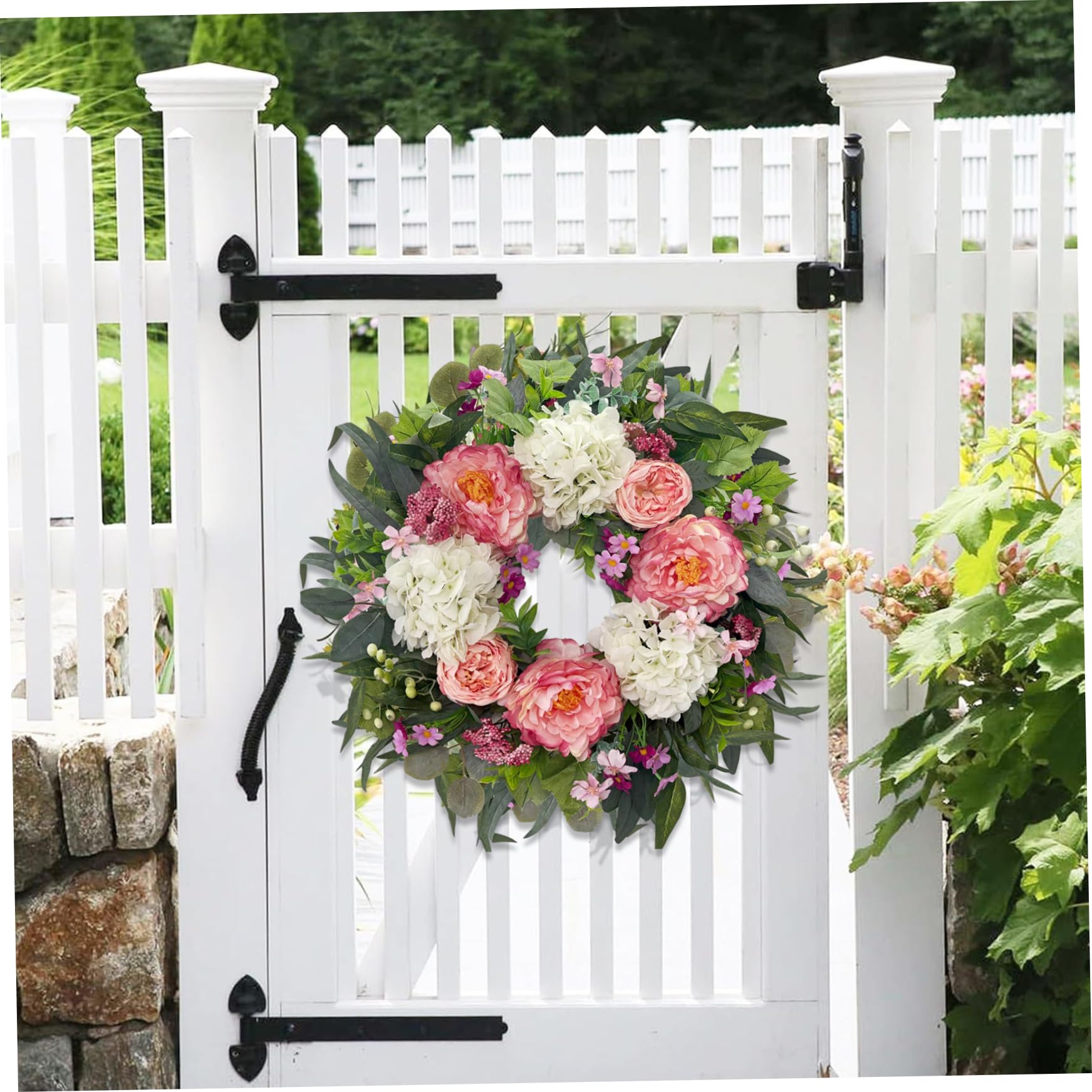 Frühlingskranz, 55, 9 cm, Hortensien und Pfingstrosen, Blumenkranz für die Haustür, handgefertigt, Elegante Willkommenskränze für draußen und drinnen