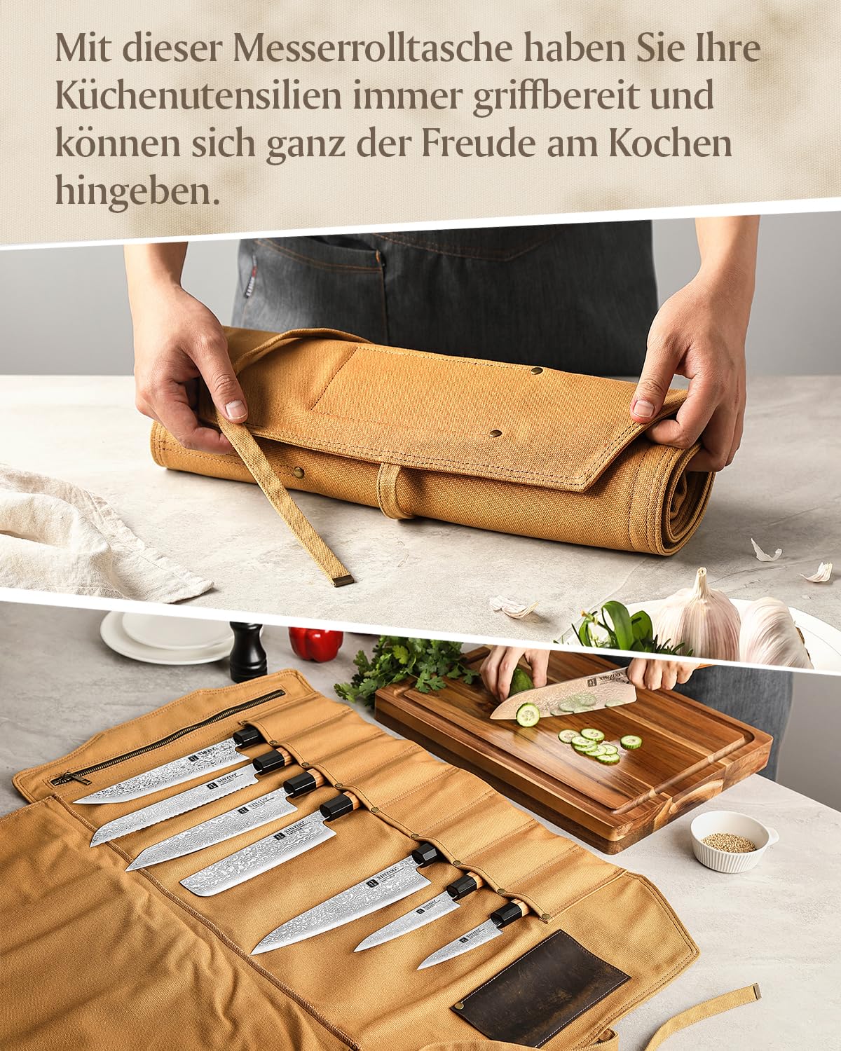 XINZUO Messertasche 78,5cmx41,5cm, Profi Koch Rolltasche, Universal Etui für Koch 8 Slots, 16oz verdickte Leinwand, können Küchenwerkzeuge halten, tragbare Messer-Werkzeugtasche (nur Tasche)