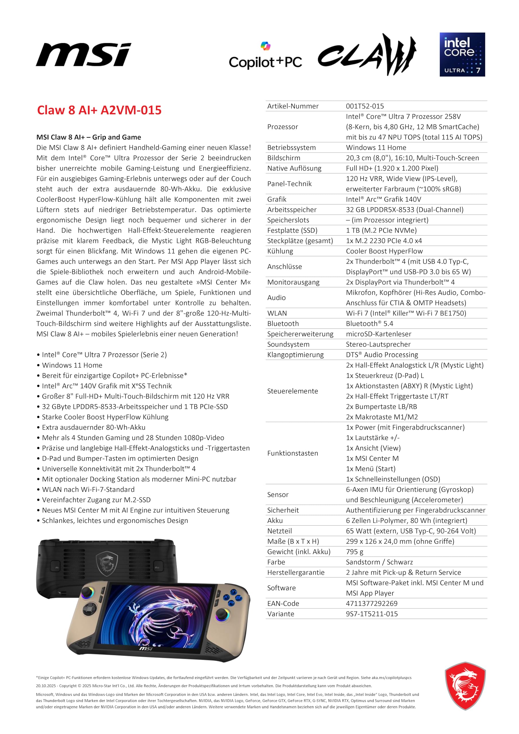 MSI Claw 8 AI+ Gaming Handheld, 8 Zoll FHD+ 120 Hz Display, Intel Core Ultra 7 258V, 32 GB RAM, 1 TB SSD, Intel Arc Grafik, Windows 11 Home, Schwarz/Sandstorm