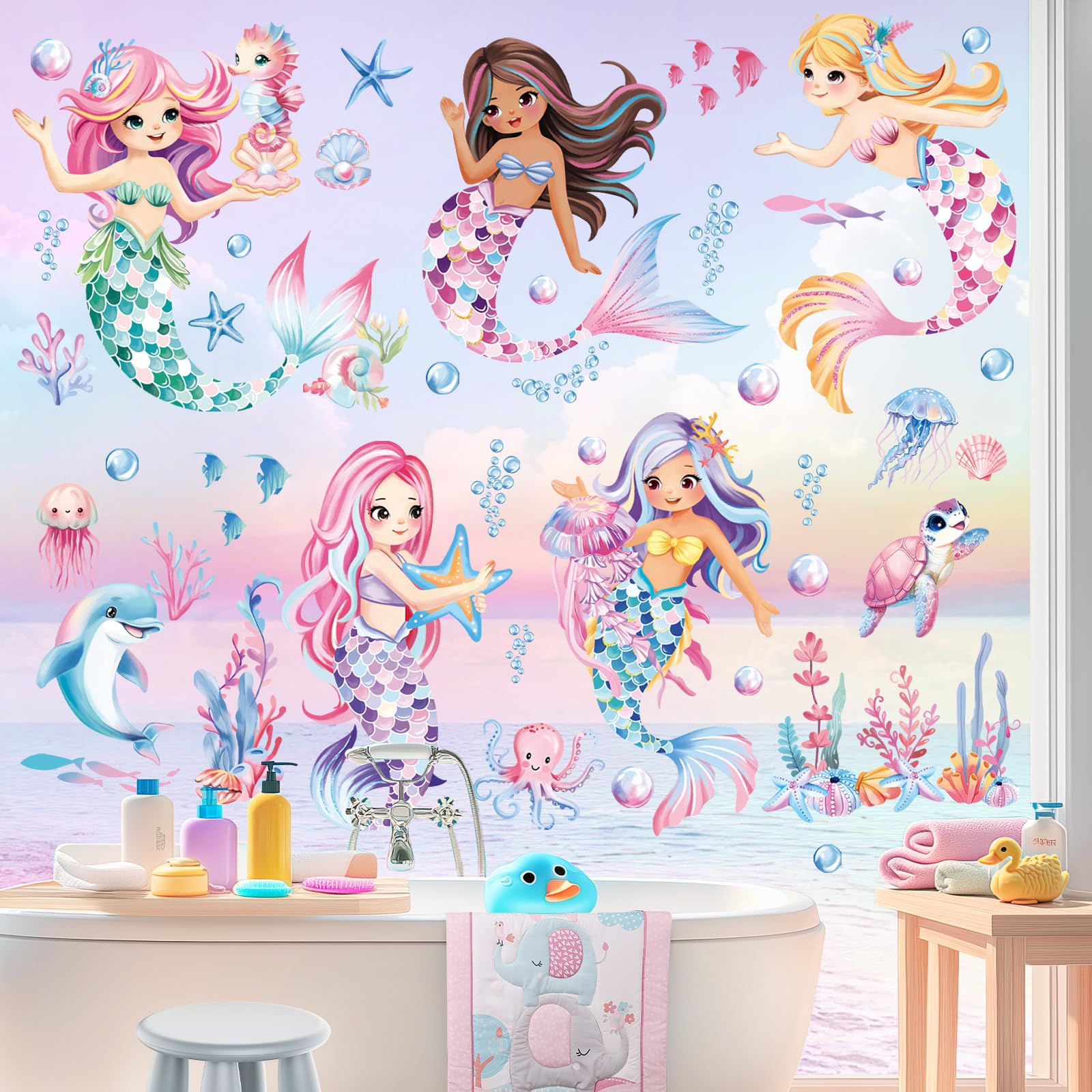 decalmile Under The Sea Mermaid Double Sided Window Clings Ocean Animal Whale Turtle Jellyfish Window Decals Anti-Collision Glass Window Doors Window Stickers - Image 4