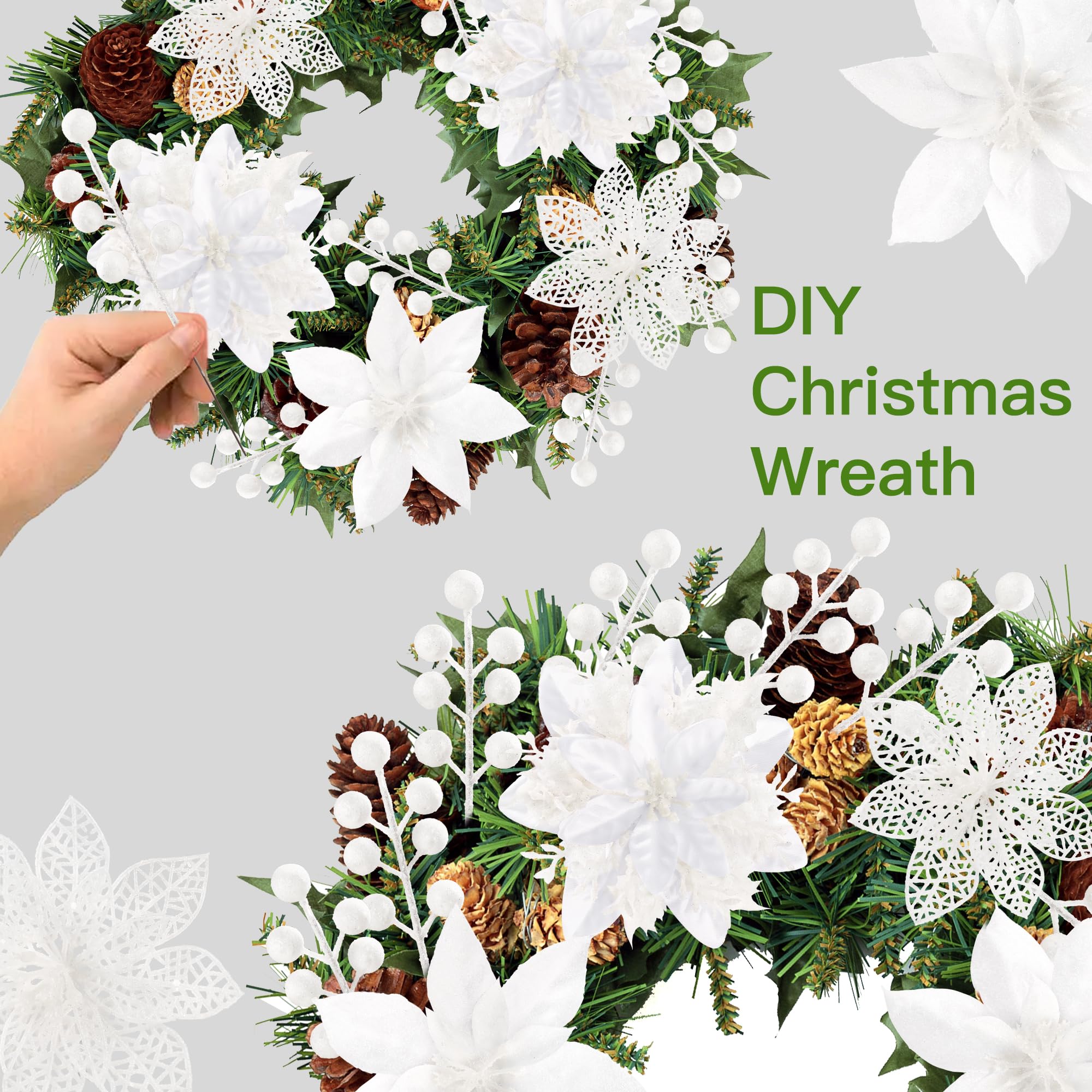 Sggvecsy 30 Stück 3 Stile Weihnachten Glitzer Weihnachtsstern Blumen Künstliche Beeren Picks Weihnachtsbaum Ornamente Künstliche Weihnachtsblumen mit Clips für Weihnachten Hochzeit Kranz