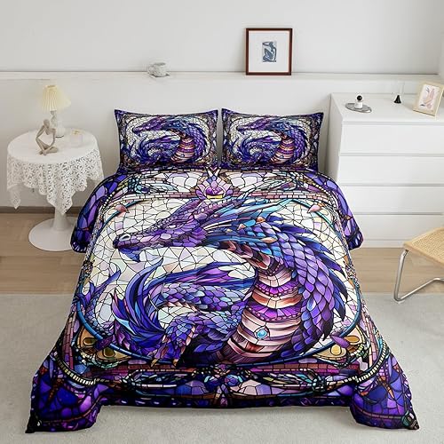 Miniatura 20 de Juego de edredón de dragón occidental, tamaño individual, juego de ropa de cama de relámpago, tsunami, desastre, olas del océano, decoración de Azul