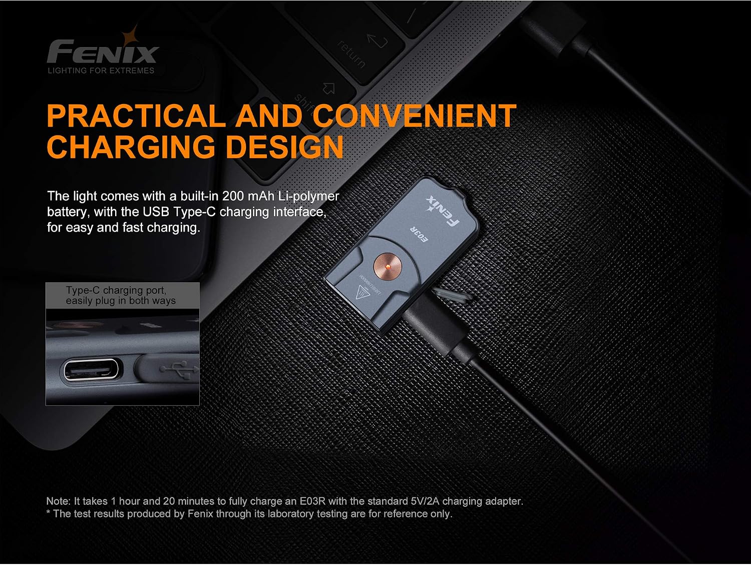 Fenix E03R Keychain Flashlight, Rechargeable 260 Lumen for EDC with Auxiliary Red Light and LumenTac USB-C Charging Cable