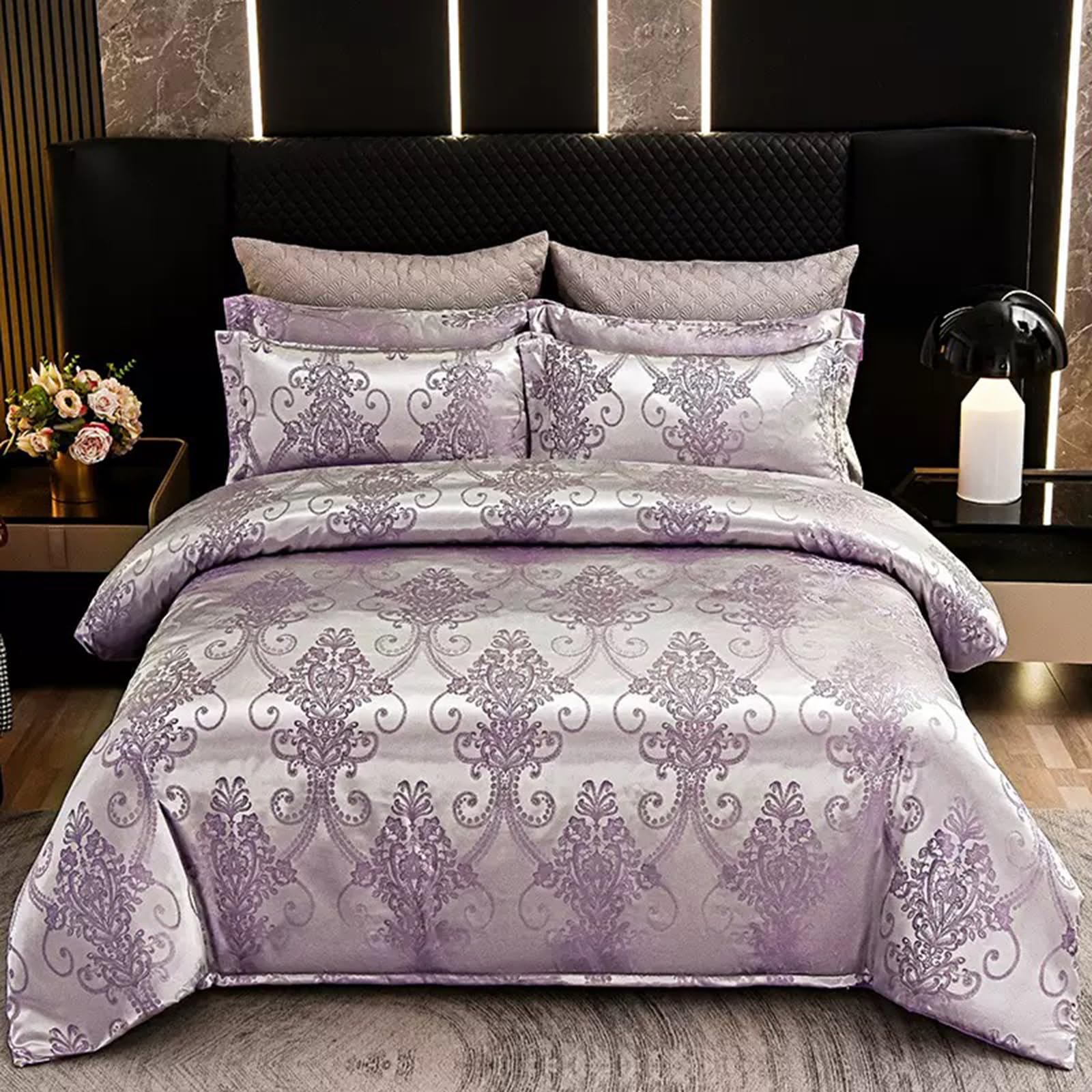 E-yimeng King Size Duvet Cover Sets Silk Satin Bedding Sets Premium Brushed Microfiber Duvet Set with 2 Pillowcases Zipper Luxury Super Soft Machine Washable 230x220 cm Light Purple
