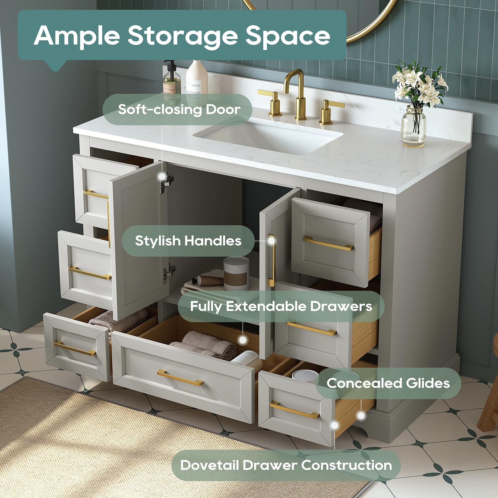 The Best Bathroom Vanity Cabinets in 2026 2 DELUXELIVING 48 Inch Bathroom Vanity with Sink Combo, Solid Wood Frame with Ston - product photo