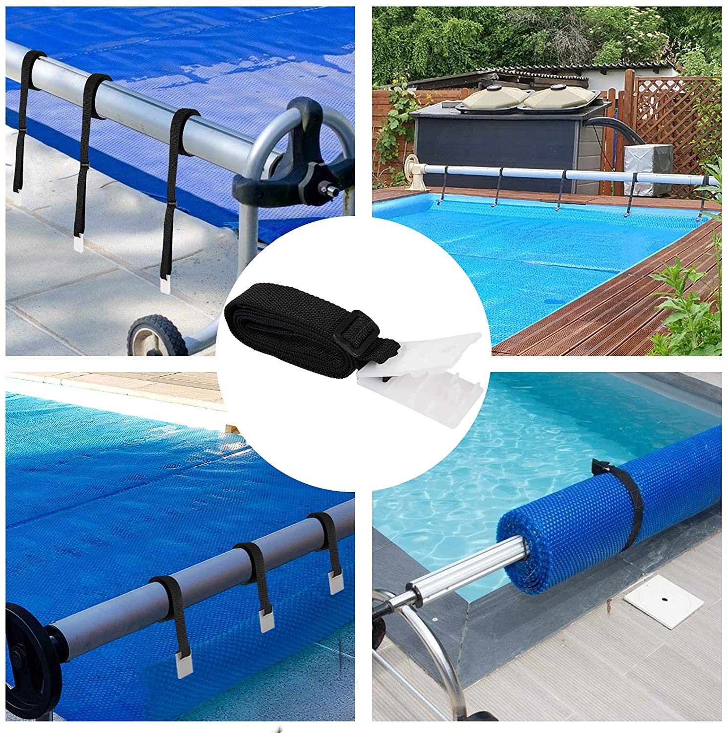 Kit de Fijación Poweka para Carrete de Cubierta Solar de Piscina - Incluye 10 Correas Universales, 10 Placas y 10 Hebillas