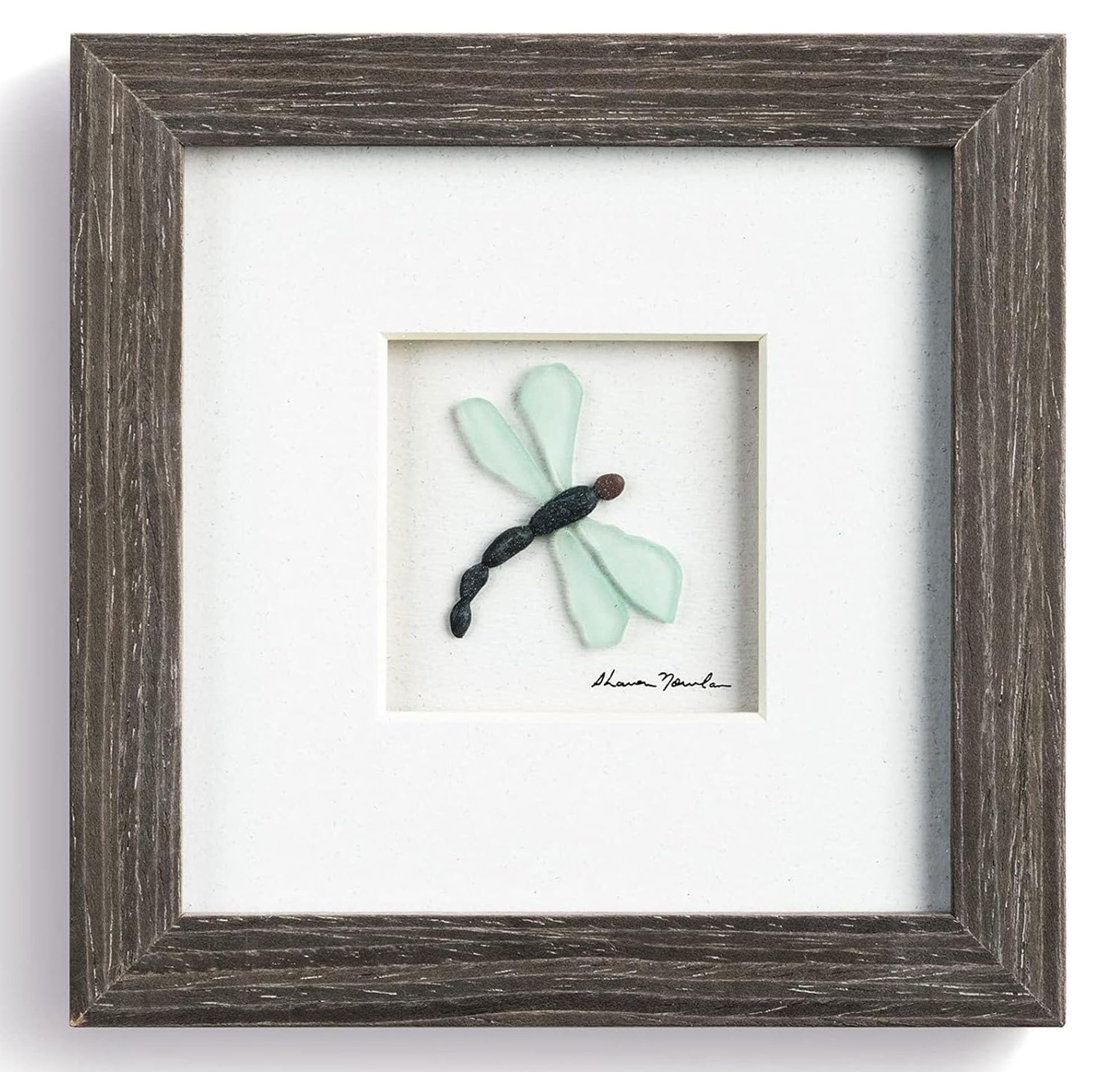 Sharon Nowlan Dragonflies Green and Black 6 x 6 Inch Stone and Glass Framed Tabletop or Wall Art