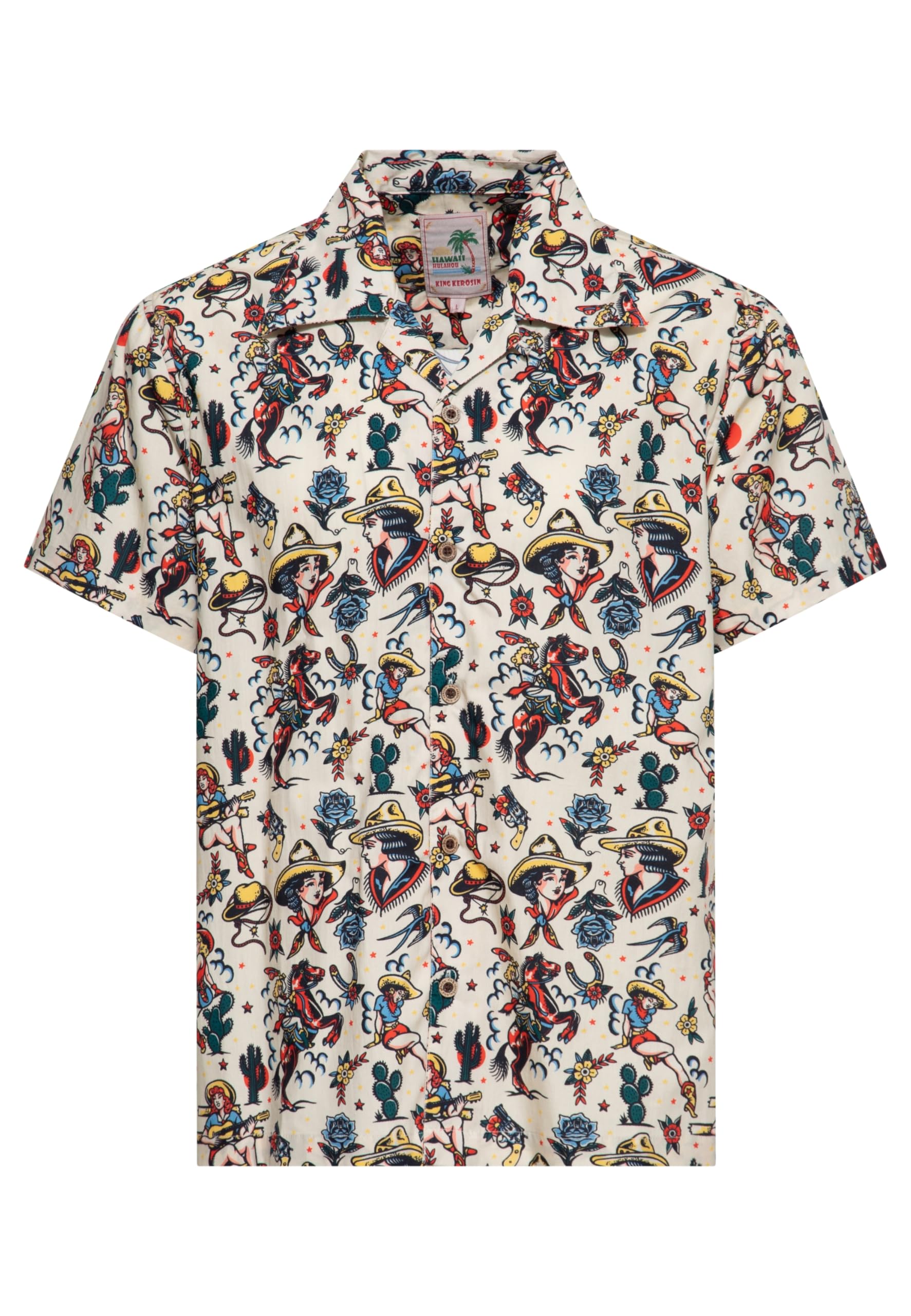 King Kerosin Herren Hawaiihemd Mit Western-Elementen Im Tattoo-Stil Cowgirl