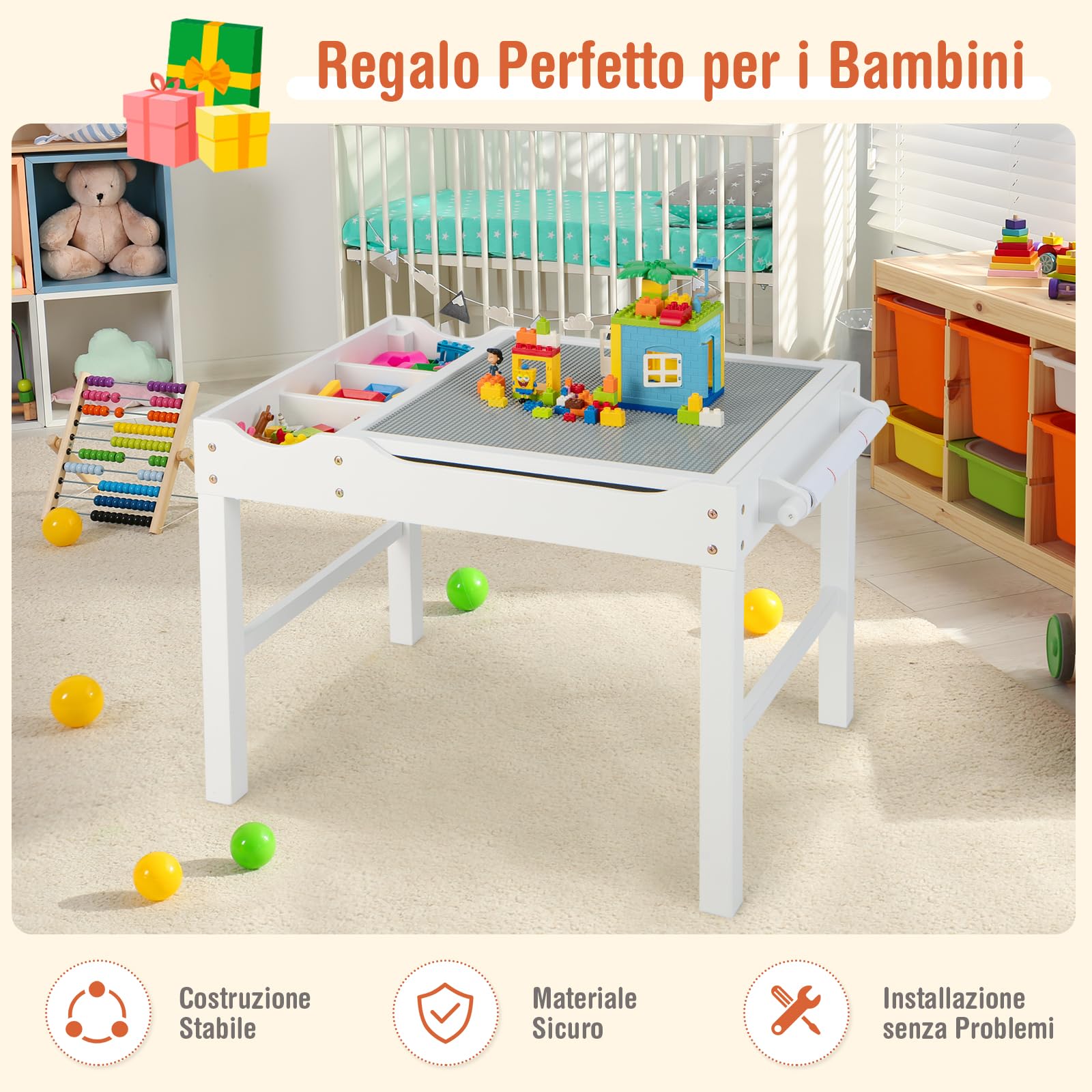COSTWAY Tavolo da Gioco per Bambini in Legno con Piano Reversibile, Tavolo Multiattività Bambini 2 in 1, Porta Rotolo di Carta da Disegno, per Camera da Letto, Soggiorno (Bianco)