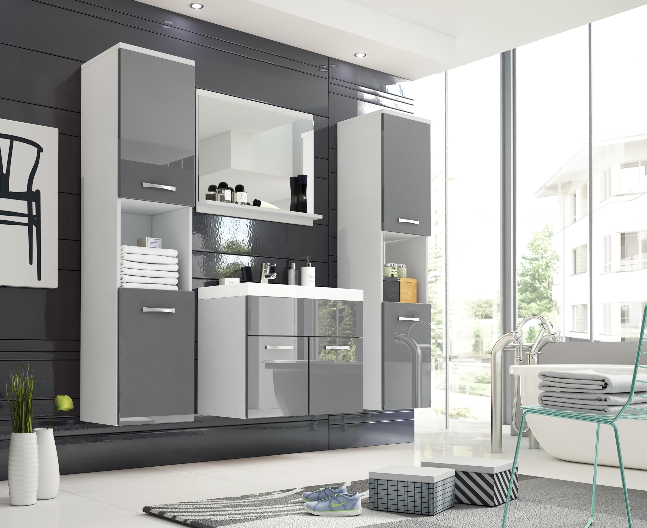 Set Mobili Bagno Montreal XL con Lavabo Grigio Lucido | Mobile Sospeso Pannello Laminato 15mm Maniglie Metallo Satinato Bordo ABS