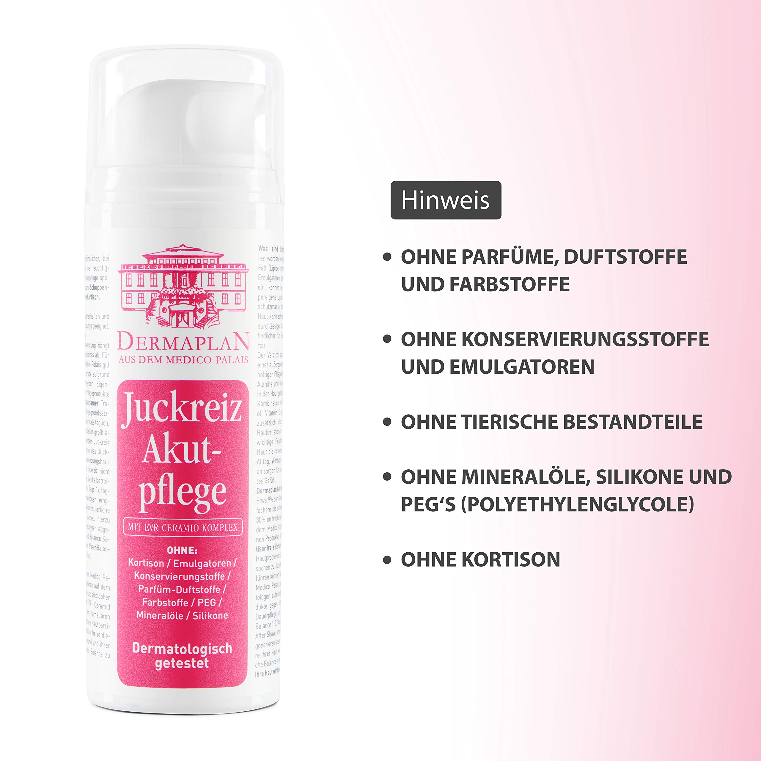 Dermaplan pielęgnacja ostrej skóry i ostrego swędzenia, skutecznie łagodzi podrażnienia skóry, łuszczyca, atopowe zapalenie skóry, nawilżające, 100% wegańskie, wyprodukowano w Niemczech, 150 ml