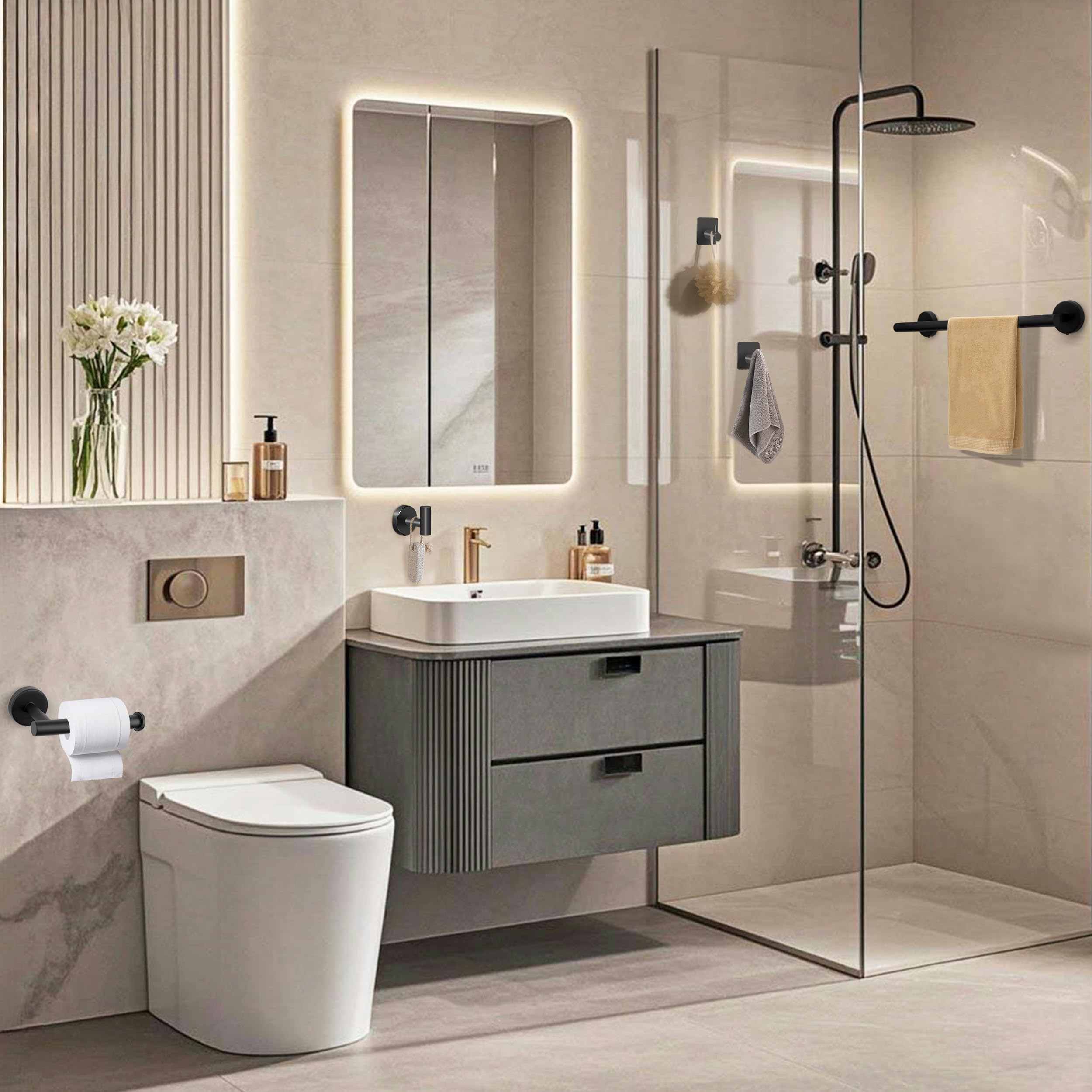 Juego de Toallero de Baño Juego de Herrajes de Baño de Acero Inoxidable Ganchos para Bata para Baño y Cocina 5 Piezas (Negro)