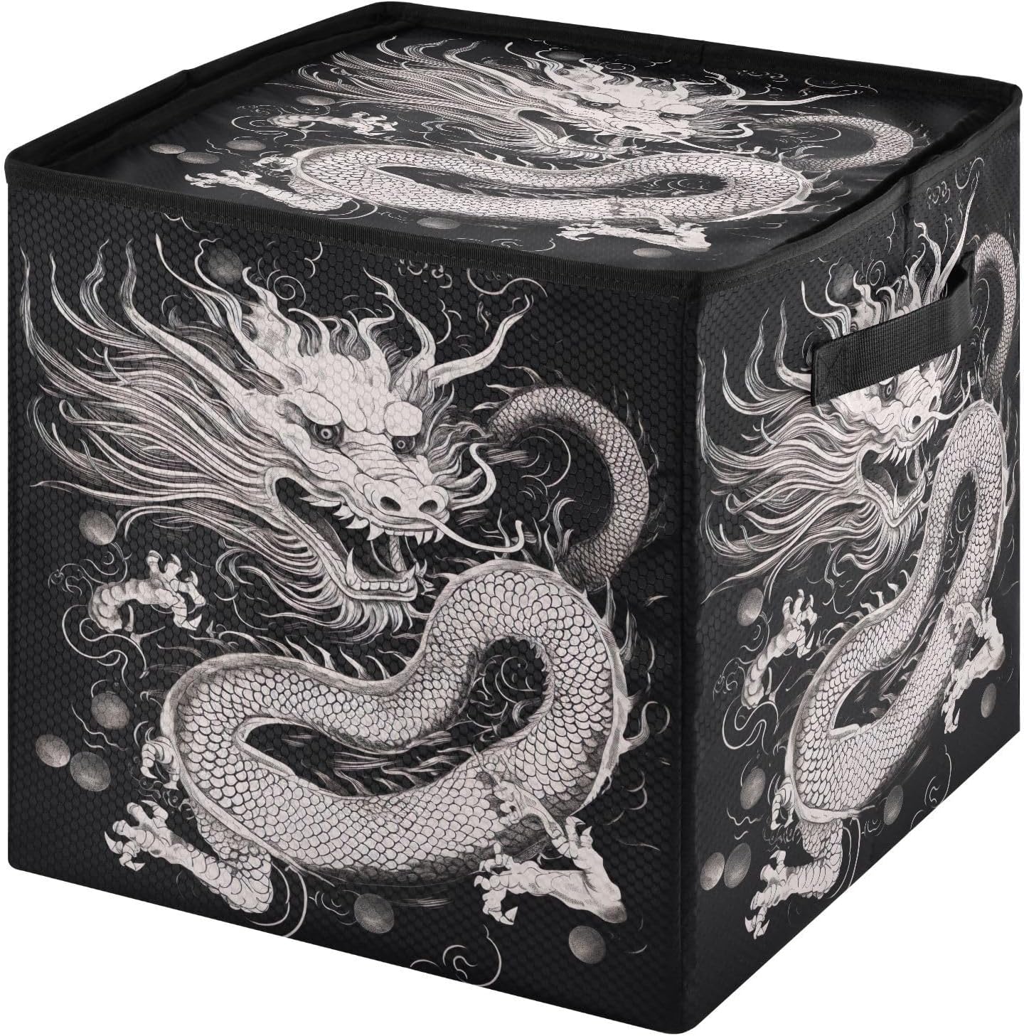 Chinese Dragon Black 13 Inch Christmas Ornament Storage Box with Lid - Holiday Decor Storage Containers, Stores 64 Ornaments, 3 Inch Cube Compartments
