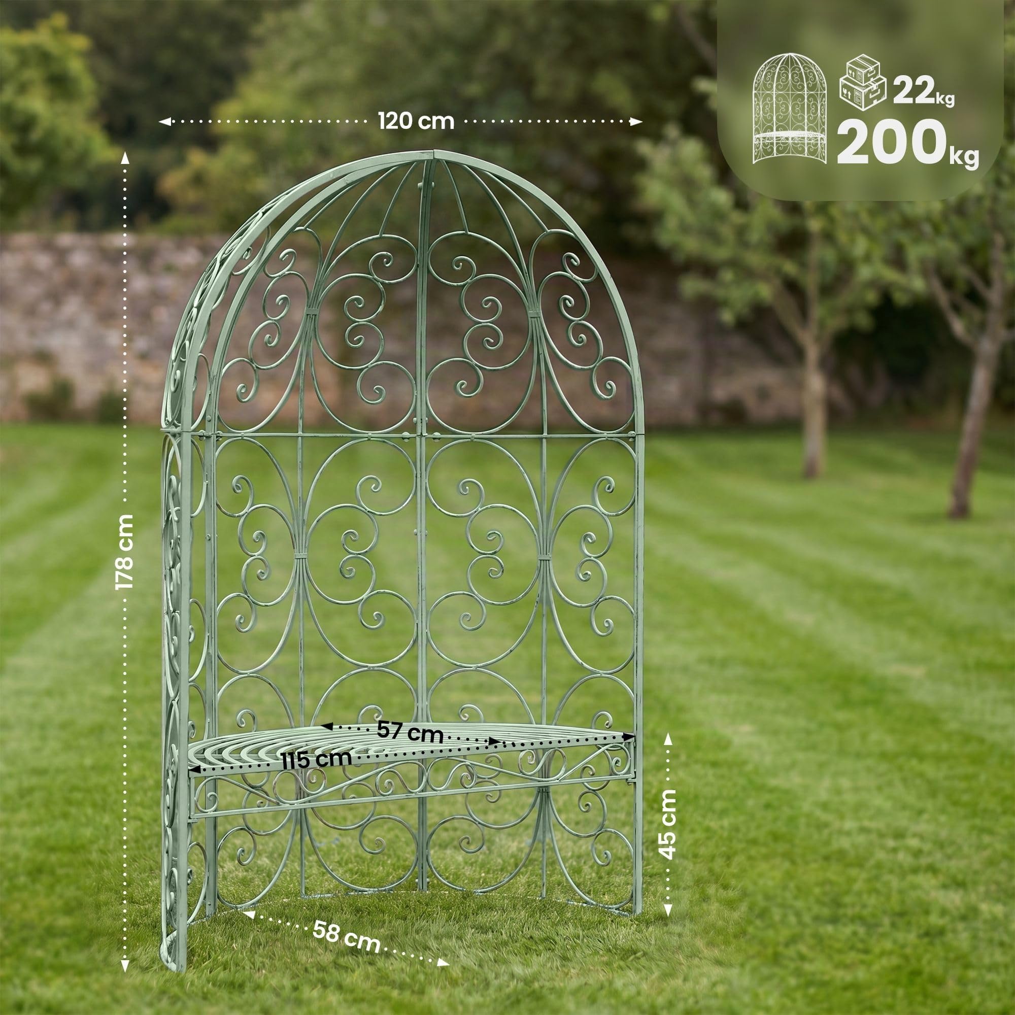 Pergola Semiluna Ferro CLP Gazebo Padiglione Giardino con Panca Antico Verde 200 kg