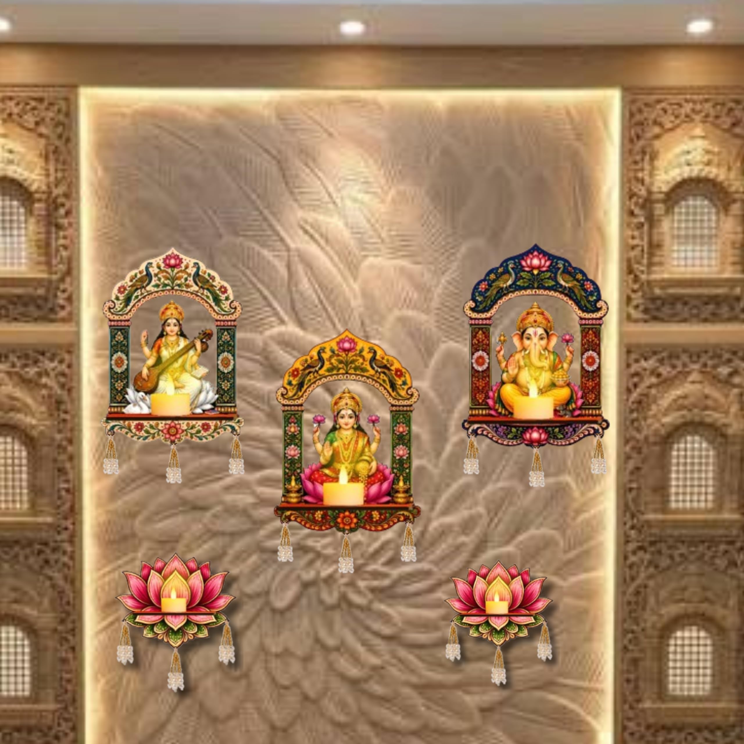 APS ART PLUS STORE Lakshmi Ganesha Saraswati Wall Decorative Tealight Holder with Tassels, Set Of 5, (Candles Not Included)-image-22