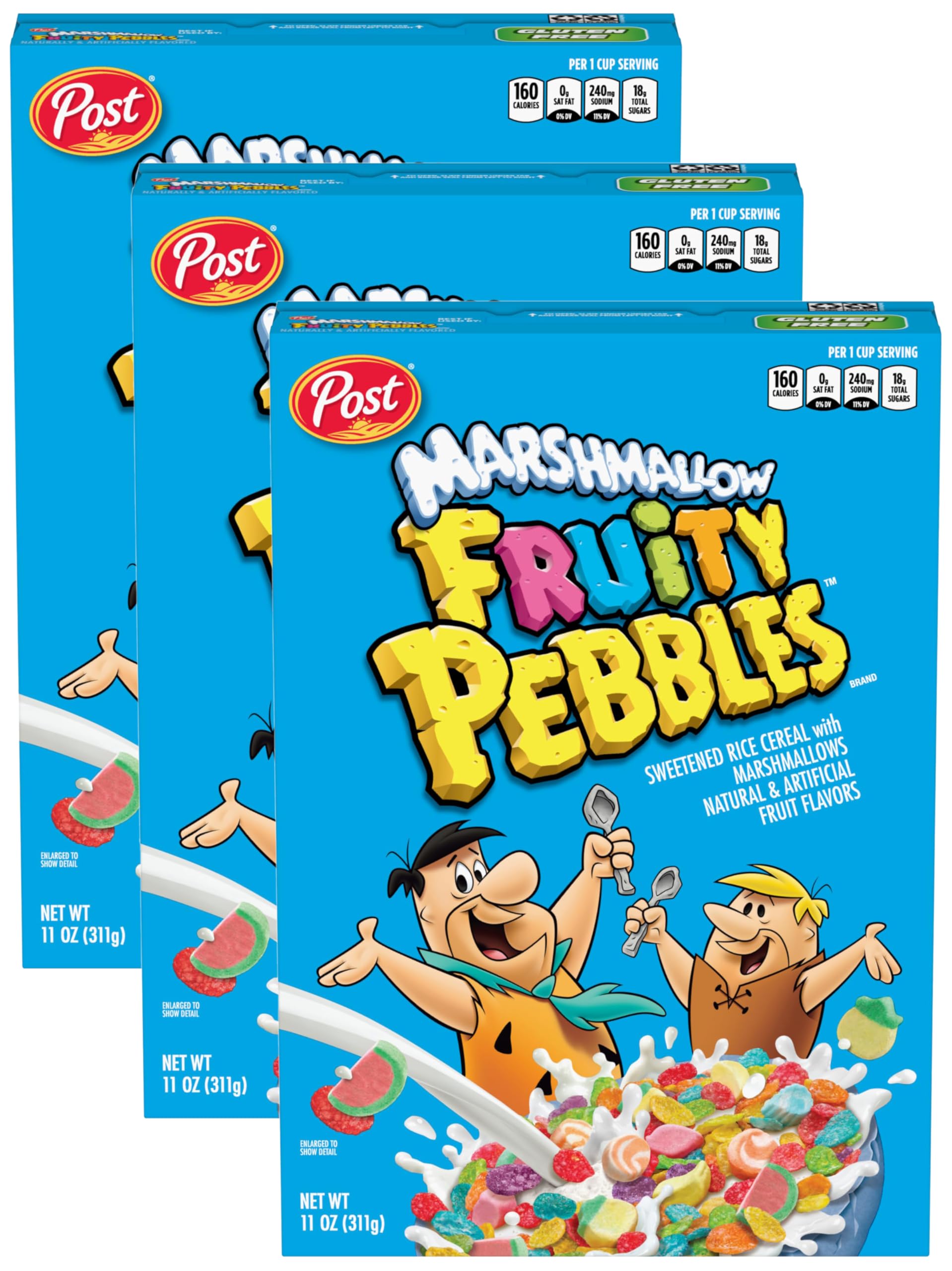 Post Fruity PEBBLES with Marshmallows Cereal, Gluten Free, Sweetened Rice Breakfast Cereal, Small Box, 11 Ounce (Pack of 3)