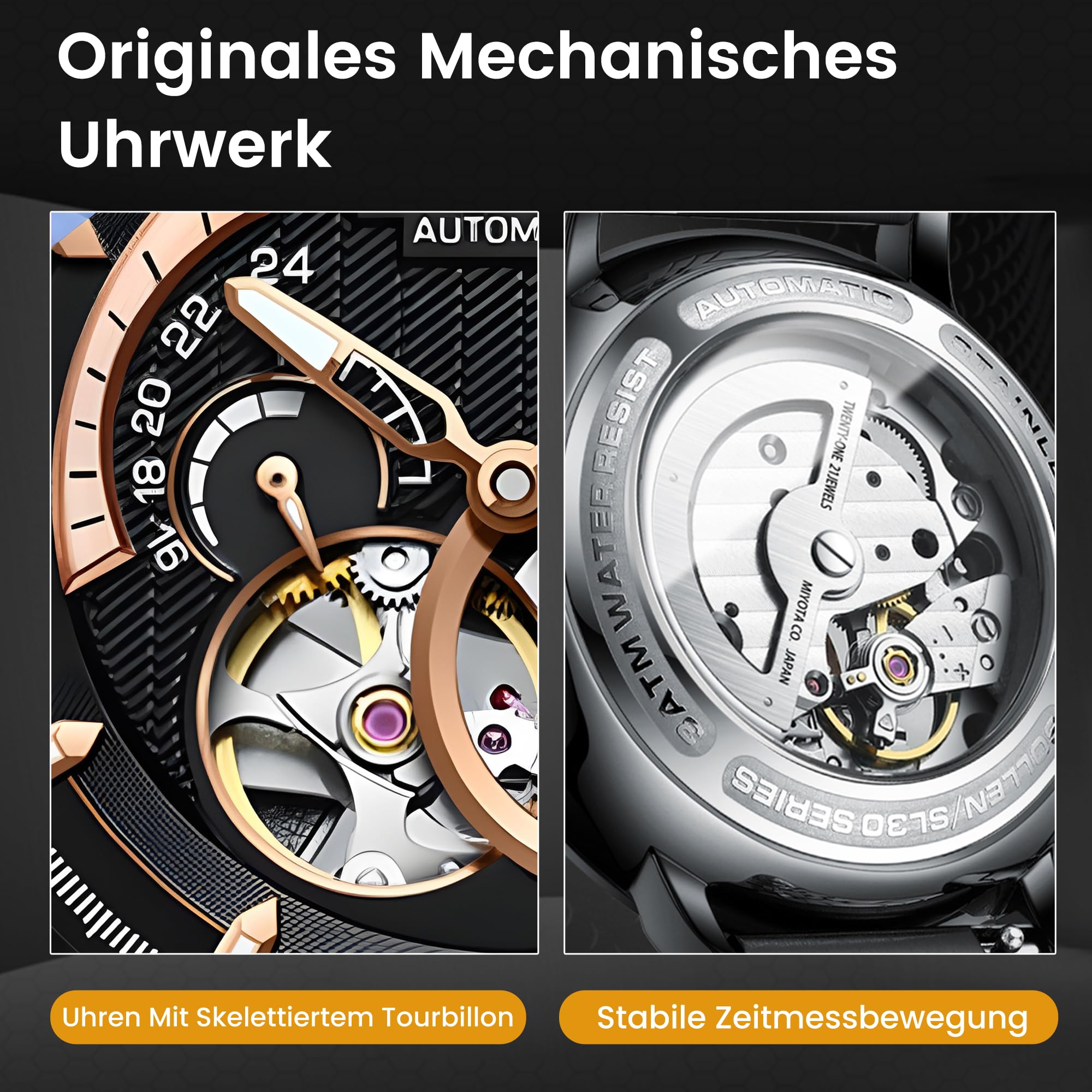 SOLLEN Skelett Automatik Uhr Herren,Automatische Herrenuhren mit Sekundenzeiger & 24-Stunden-Rufnummer,Minimalistische Herrenuhr Luxus,Originales Mechanisches Uhrwerk,Klassische Uhrengeschenk für Mann