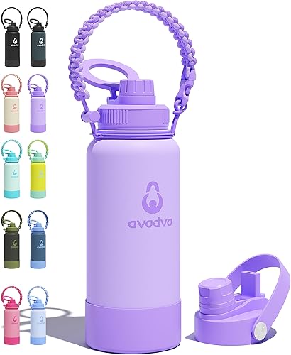 Miniatura 28 de Botella de agua aislada avodvo de 12 onzas con 2 tapas (tapa con popote y boquilla de 2 en 1, tapa magnética), botella de agua para niños con Azul