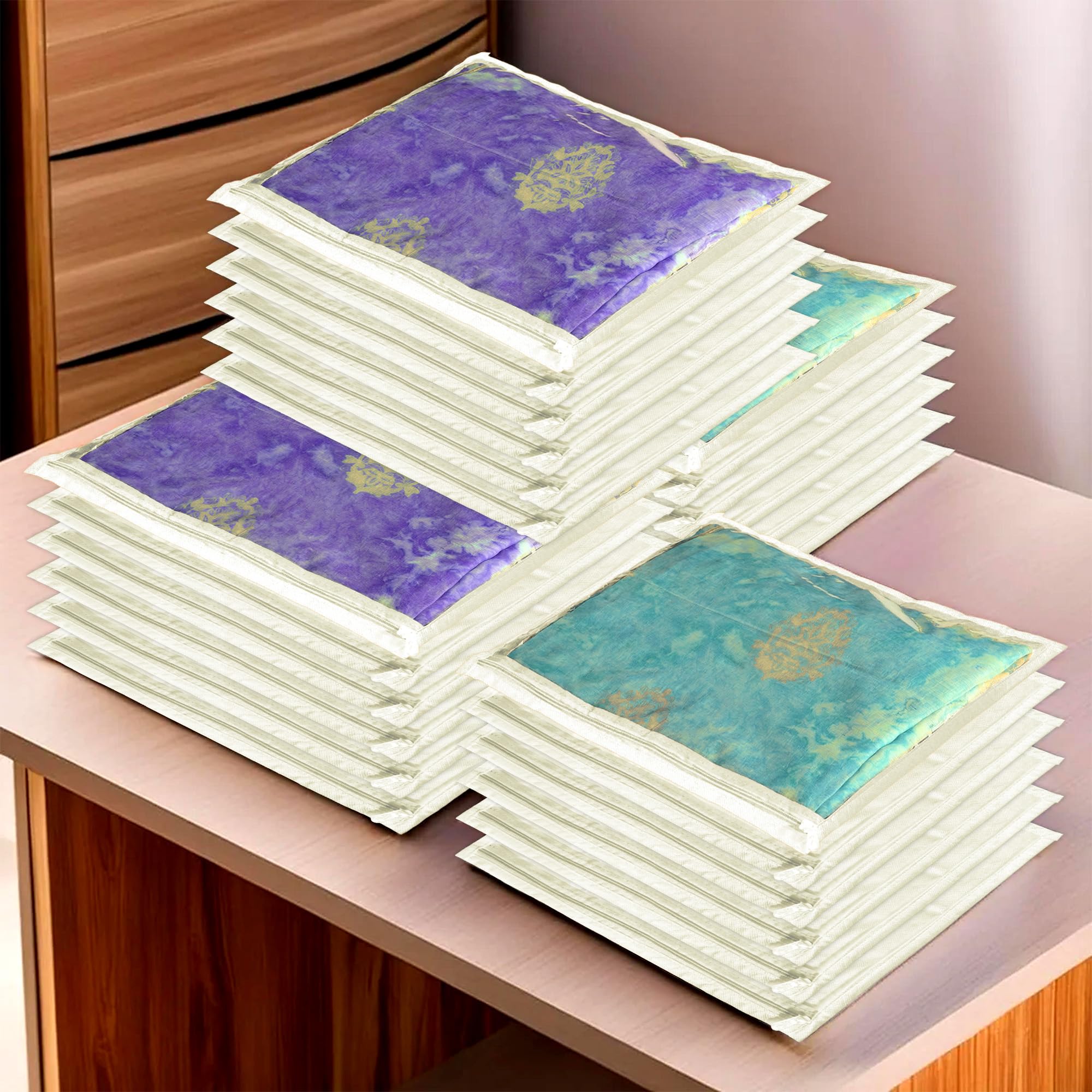 Kuber Industries Foldable saree covers with Zip| Single Saree Storage Bags |Clothes Organiser for wardrobe |Transparent Top With Premium Zipper|Pack of 24 (Cream) (B0C593T2W3) Amazon Price History, Amazon Price Tracker