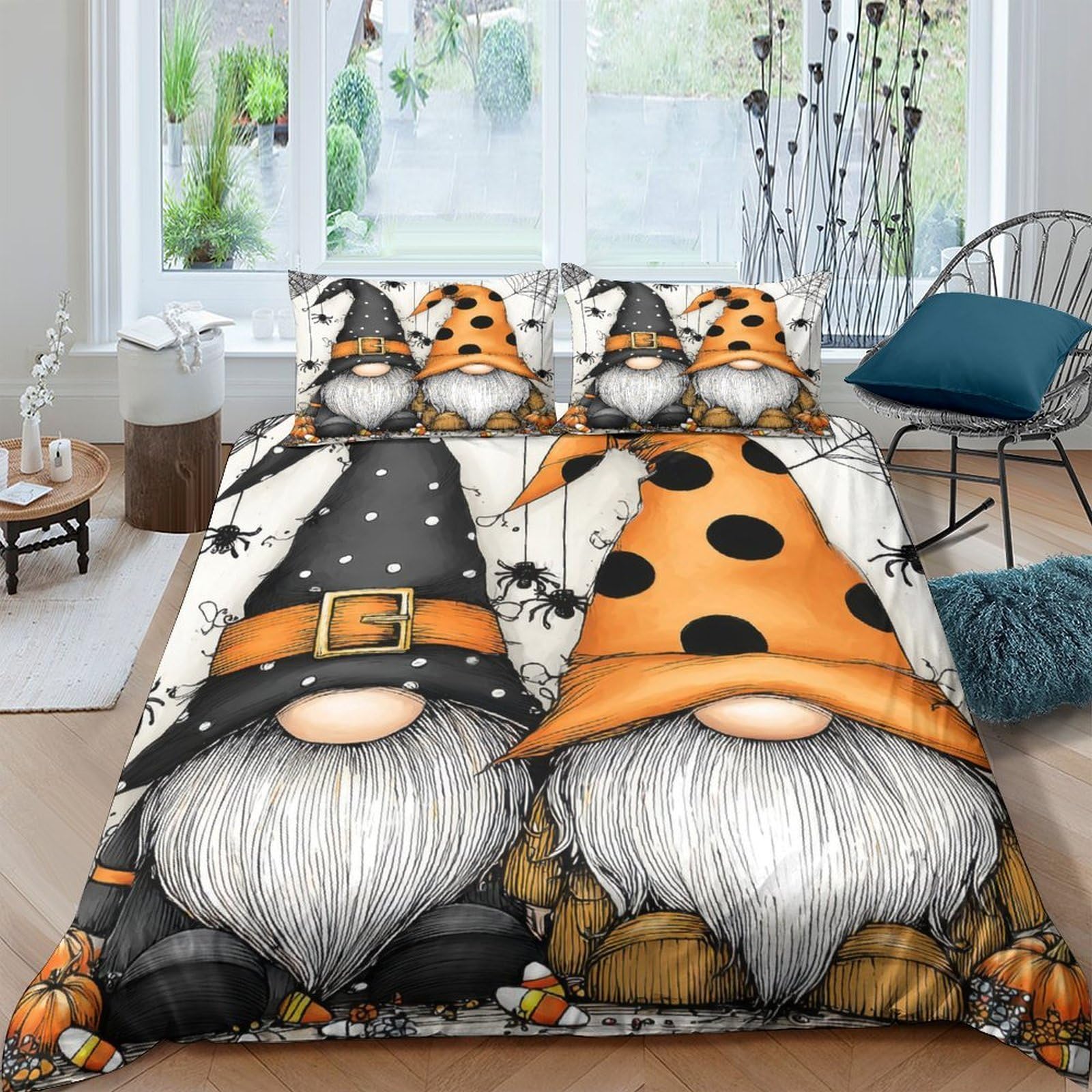 Ctjqhvkz Style-3 3D Printed Halloween Gnome Fitted Sheet Microfiber Soft Orange Black Witch Hat Bed Cover For Bedroom Guestroom Mattress Decor Single（135X200cm）
