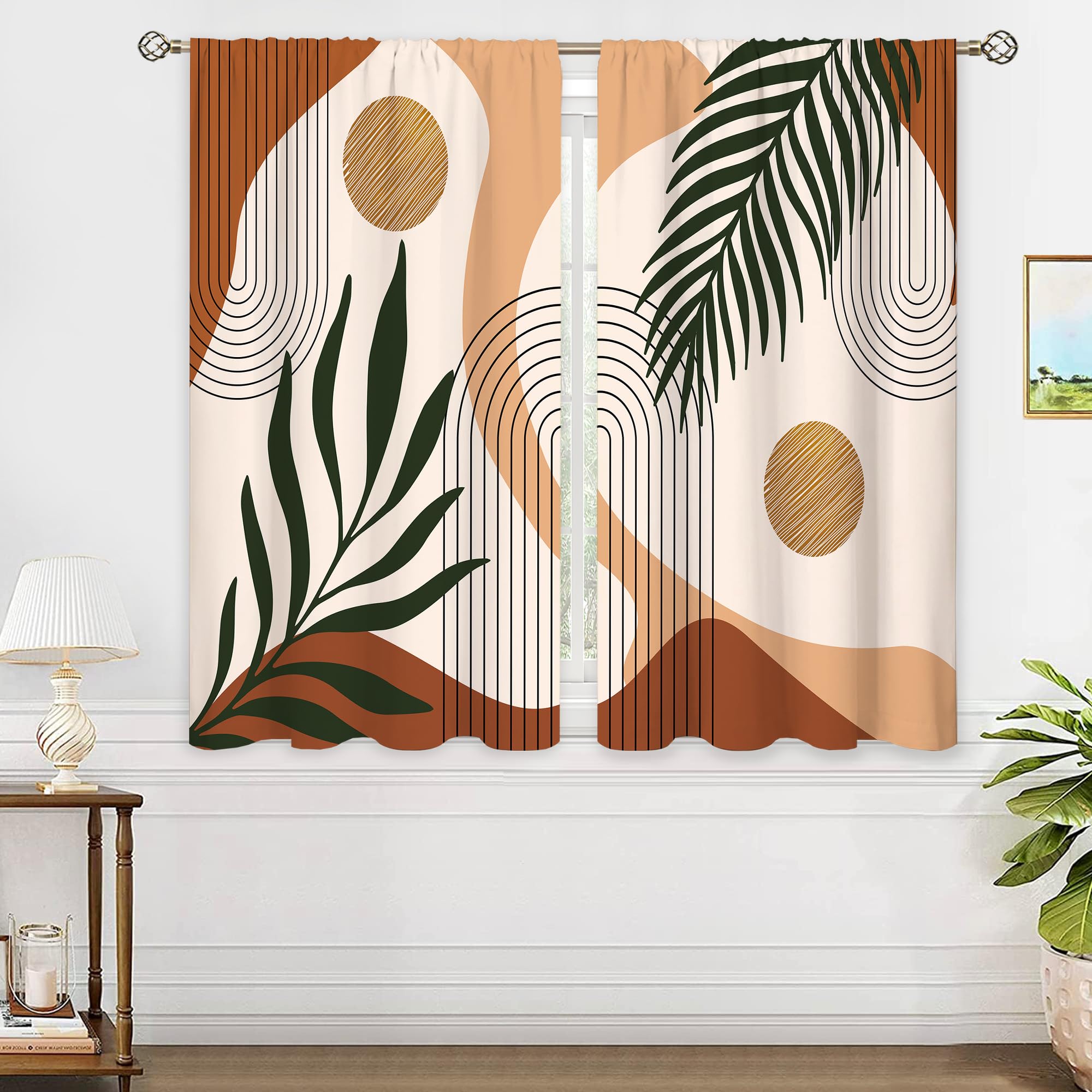 oolygoo Boho Abstract Window Curtains Mid Century Rod Pocket Modern Leaves Brown Curtain Drapes Geometric Curtains for Bedroom Living Room Treatment 2