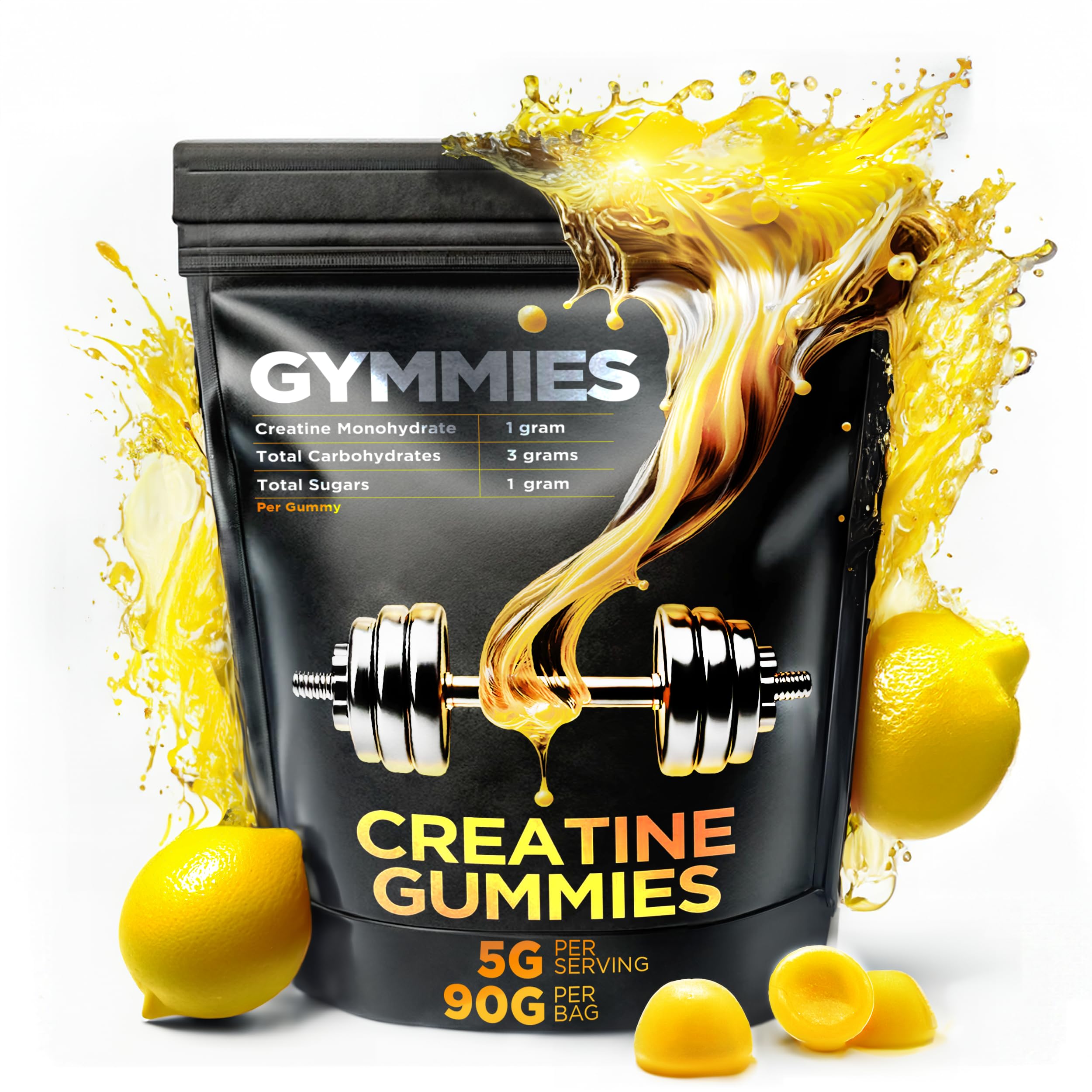 Creatine Monohydrate Gummies - Muscle Growth, Performance, Endurance - 5 Gram Creatine per Serving - Vegan, Non-GMO, Gluten-Free, Made in USA - 90ct - Lemon Flavor