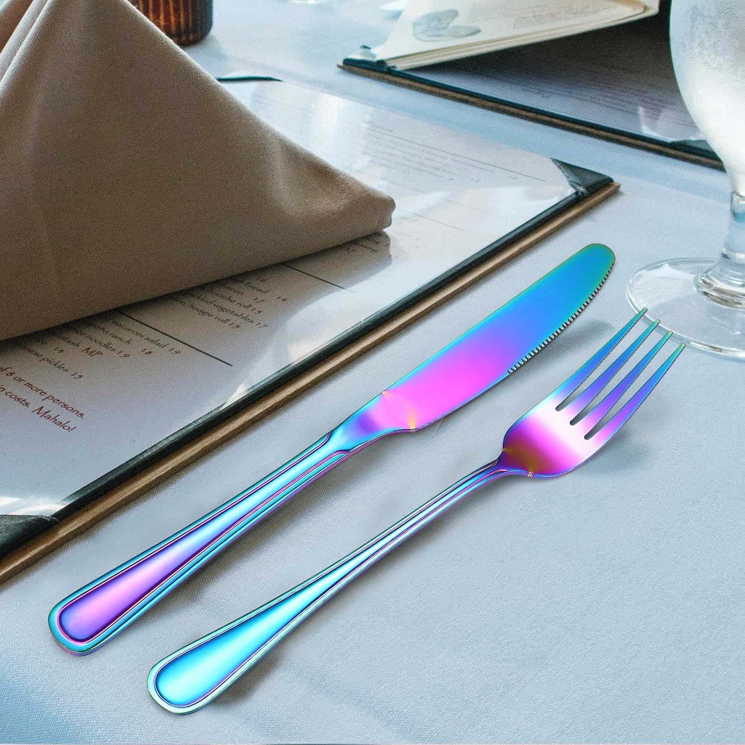 Colorful Forks Spoons Knives Silverware Rainbow Flatware Set for 4 Kitchen 20 Pieces Stainless Steel Cutlery Modern Eating Utensils Double Line Edges Handle