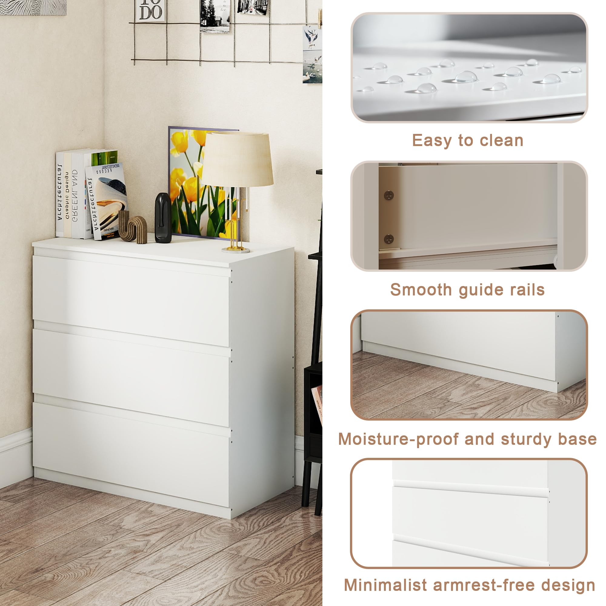 Kommode weiß mit 3 Schubladen, 70 cm Breite Schubladenschrank & Sideboard, Stauraum Kommodenschrank für Schlafzimmer, Wohnzimmer, Büro und Eingang, 70x40x75 cm (LxBxH)