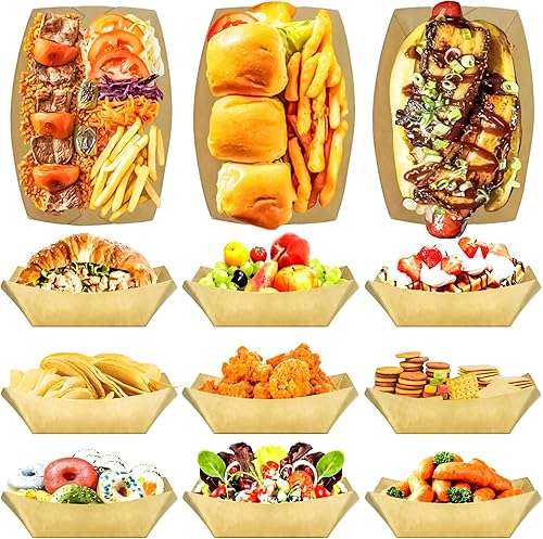 Miniatura 5 de MotBach Paquete de 50 bandejas de papel desechables de 3 libras, bandeja de papel kraft grande de alta resistencia, cuencos para aperitivos,