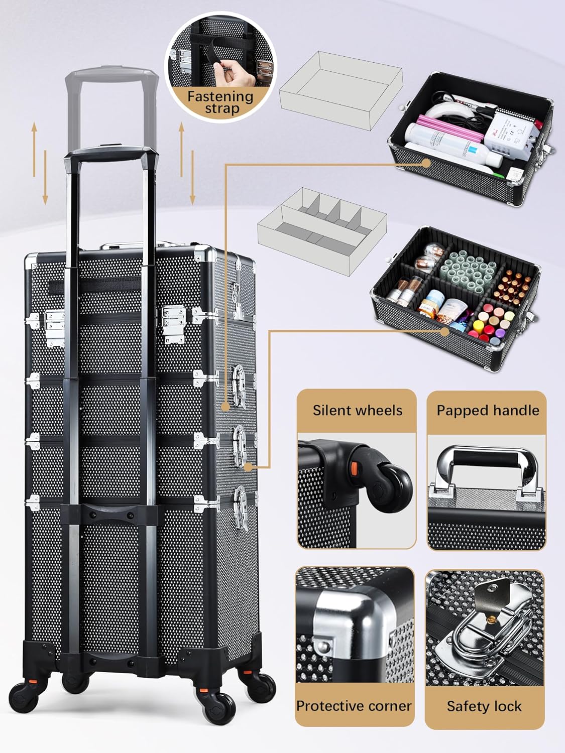 Costravio 5 in 1 Rolling Makeup Case on Wheels Large Cosmetology Case Organizer Beauty Cosmetic Train Case Travel Nail Cart for Make-up Studio Hair Salon, Black Rhinestone