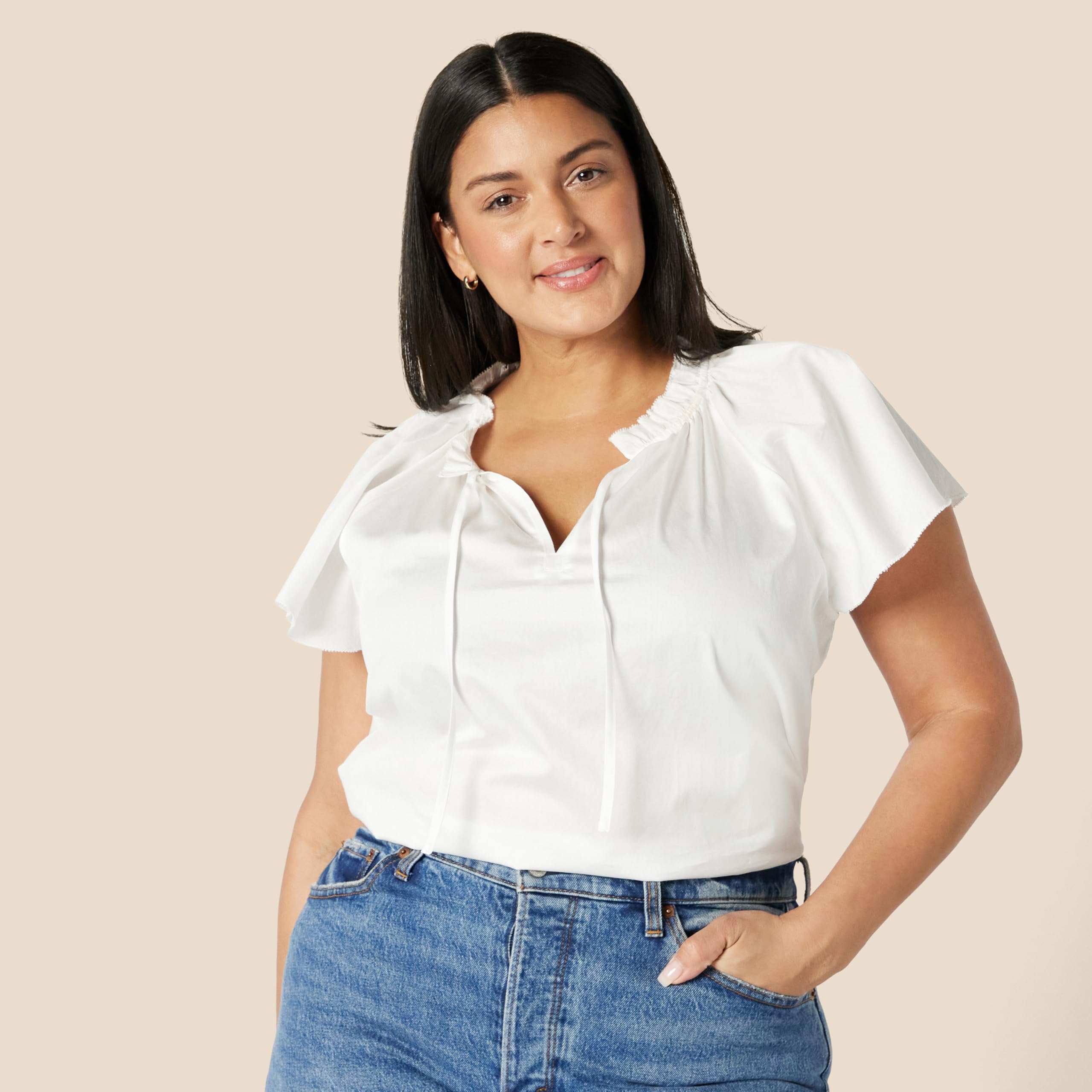 Amazon Essentials Donna Blusa a Maniche Lunghe con Collo Arricciato in Raso di Cotone vestibilità Comoda (Gonna Venduta Separatamente)