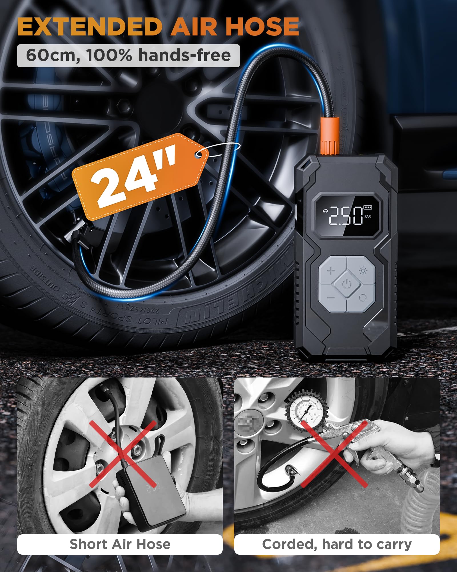 Tire Inflator Compressore Aria Portatile Senza Fili 150PSI, Batteria Ricaricabile con Manometro Digitale, Auto Spegnimento e Luce LED, Gonfiatore Elettrico per Auto, Moto, Bici, Palloni, Grigio