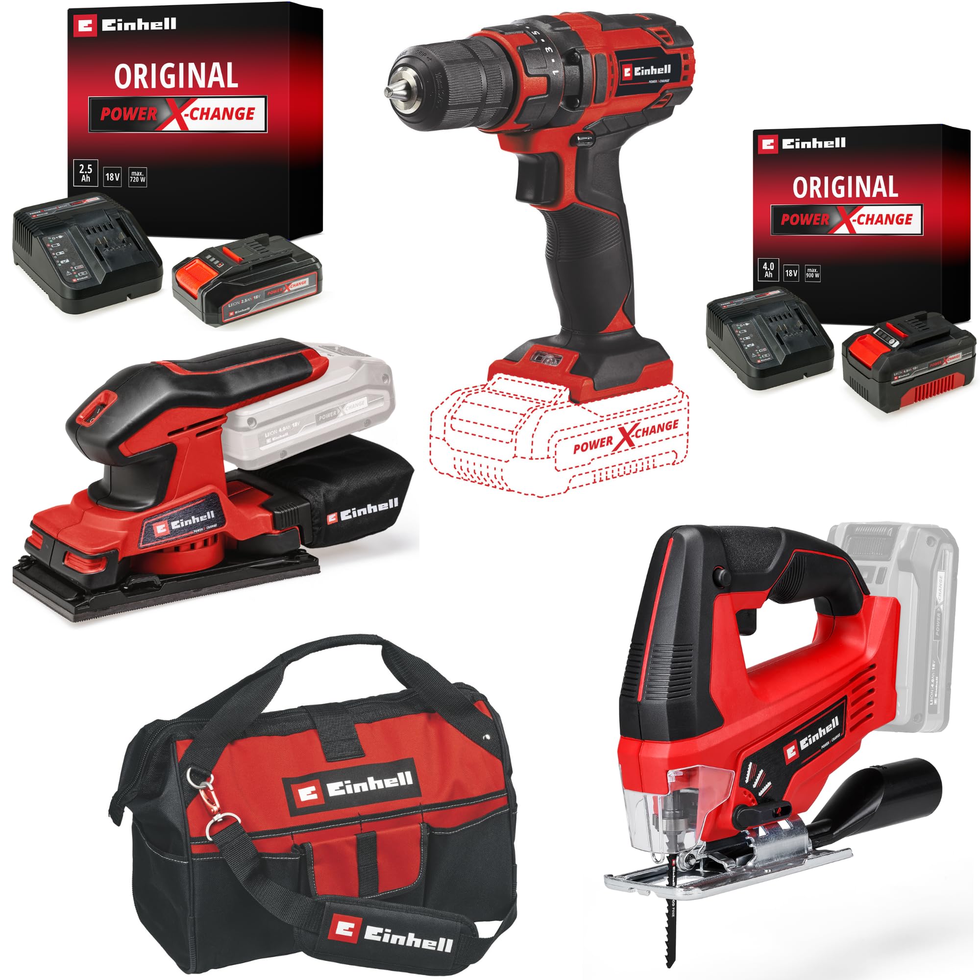 Einhell TC-CD 18/35 Li + TC-OS 18/187 Li + TC-JS 18 Li Akülü Vidalama, Zımpara ve Dekupaj Testere Seti (2,5 Ah Akü ve Şarj Cihazı, 4,0 Ah Akü ve Şarj Cihazı ve Çanta Dahildir)