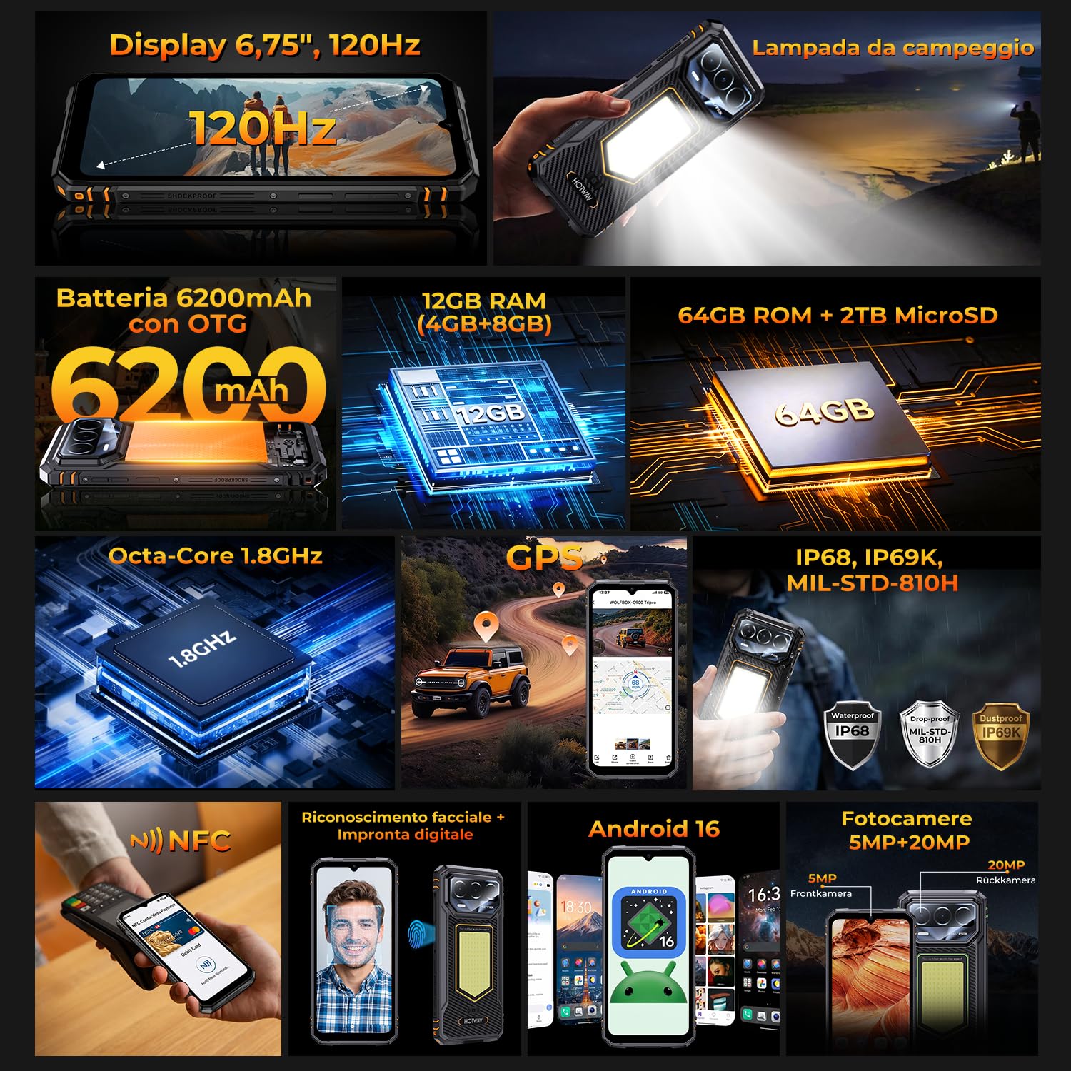HOTWAV T8 Rugged Smartphone Android 16 Telefono Indistruttibile | 12GB+64GB/2TB TF Cellulare Robusto, 6200mAh 6.75" HD+ 5MP+20MP, Gemini AI, NFC/Face ID/OTG/GPS/Dual SIM 4G