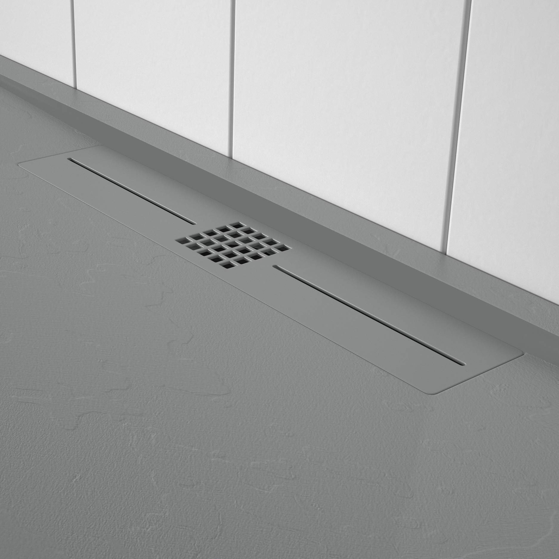 Piatto doccia in marmoresina, colore grigio RAL7035, scarico laterale, superficie ad effetto pietra ardesia, serie Nizza, slim 3 cm, rivestito di Gelcoat, antiscivolo