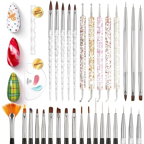Beetles 31pcs Nail Art Brushes, Dotting Tools, Nail Art Pens, Dust Brush, Striping Liner Fingernail Drawing Pens with Palette Holder All in One for Starter Manicure Design Set