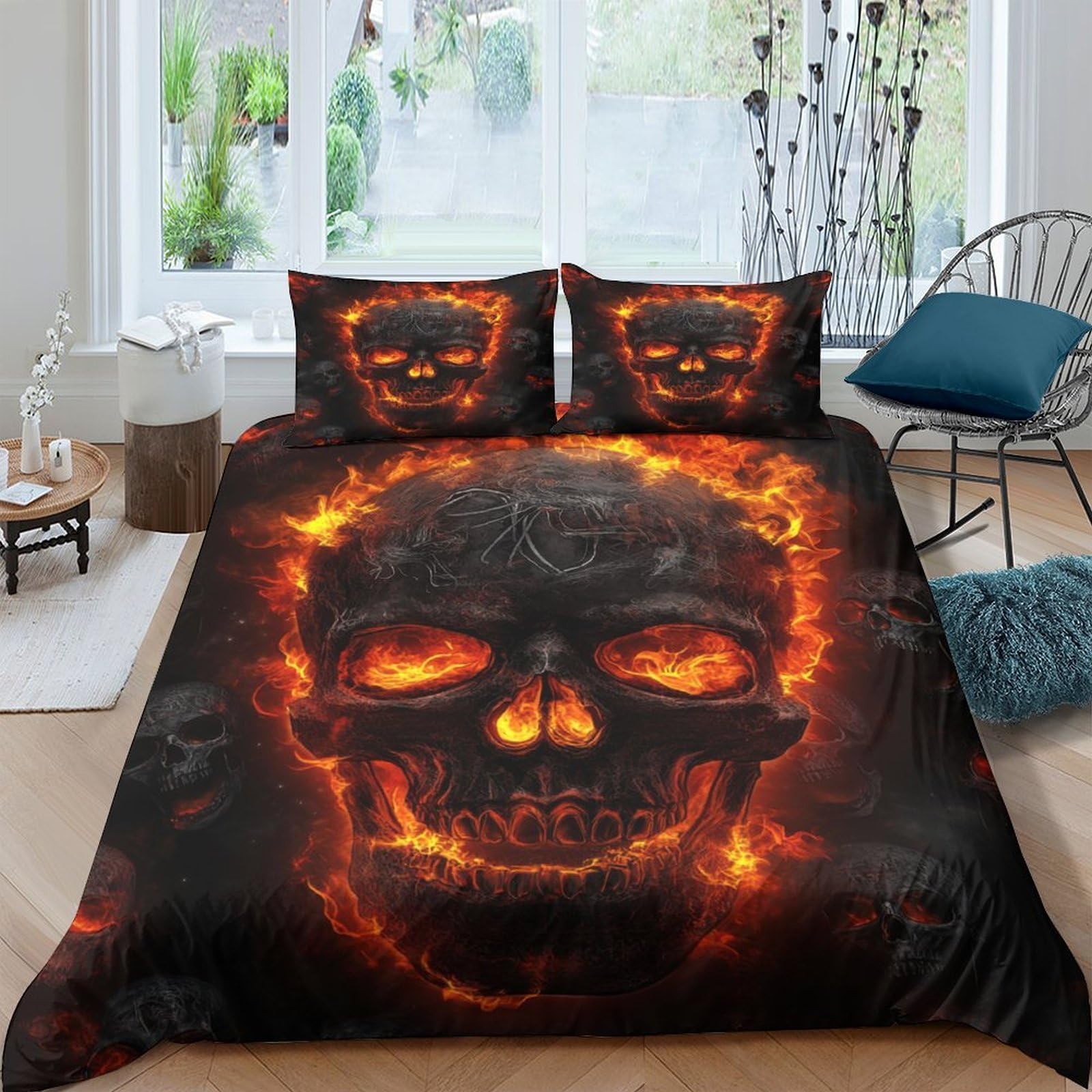 Ctjqhvkz Style-5 3D Printed Burning Skull Fitted Sheet Microfiber Soft Bed Cover Flame Skull Mattress Cover For Bedroom Dorm Room Decor Single（135X200cm）