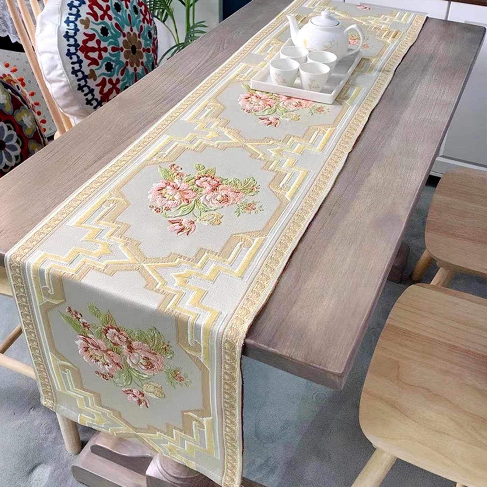 Tischläufer Polyester Wohnzimmer, Tischläufer Hochzeit 35x200 cm, Florale Stickerei Nordisch