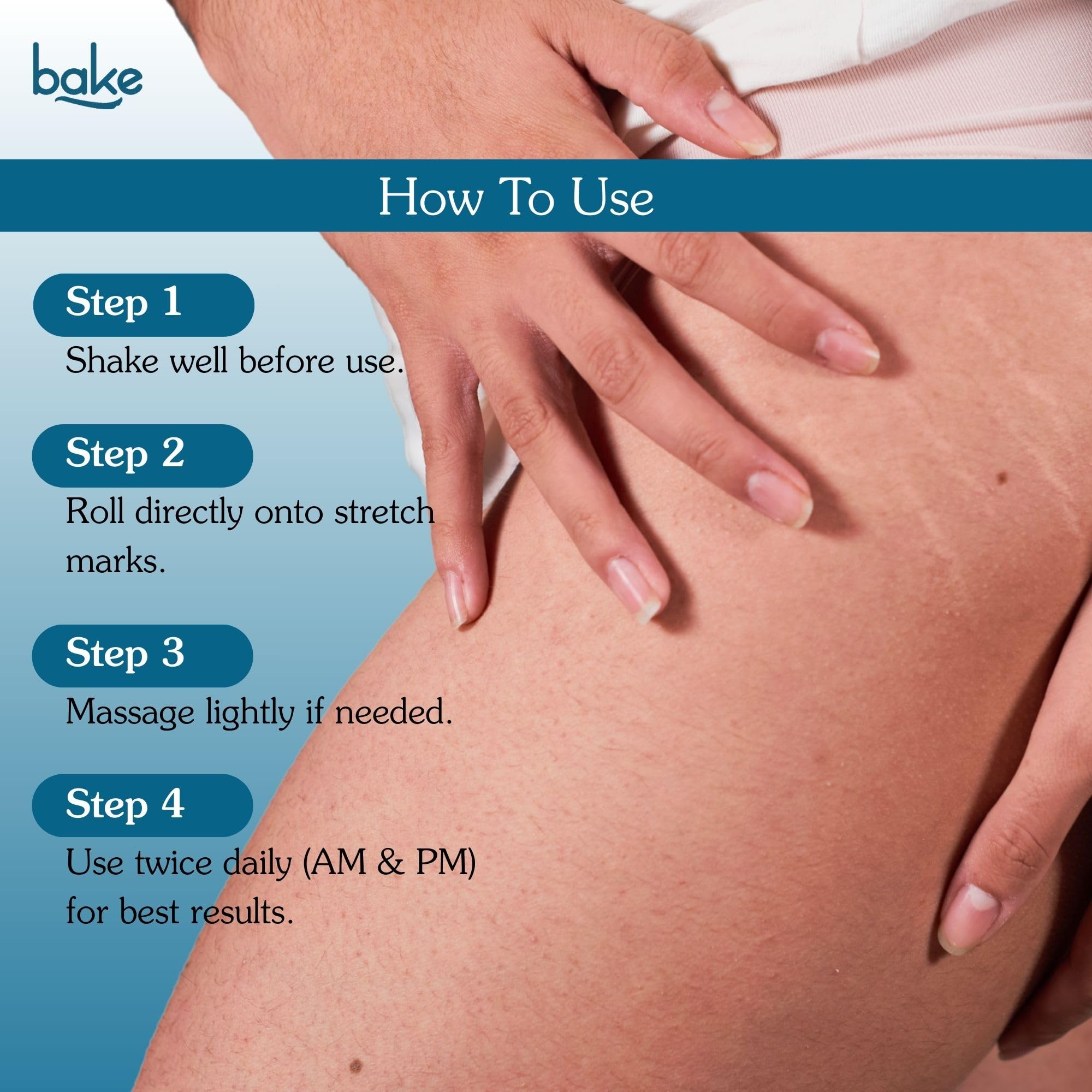 BAKE Stretch Marks Removal Roll On Serum | For Pregnancy Use | 0.5% Encapsulated Bakuchiol, 2% Centella Asiatica | Fades Stretch Marks & Scars, Firms Skin & Improves Uneven Skin | Fragrance Free, SLS Free – 50ml 4