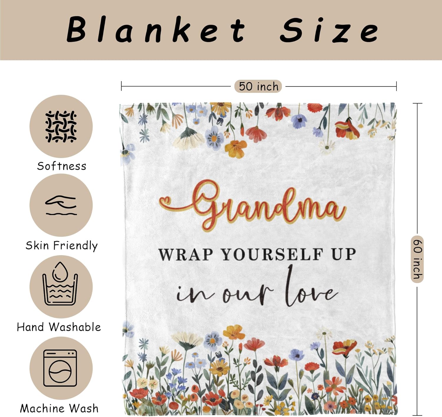 HIWX Grandma Floral Blanket, Best Grandma Gifts Throw Blanket for Home Bedroom Living Room Couch Bed Decor, Grandmother Gifts for Christmas Birthday from Grandkids Granddaughter Grandson, 50x60 Inches