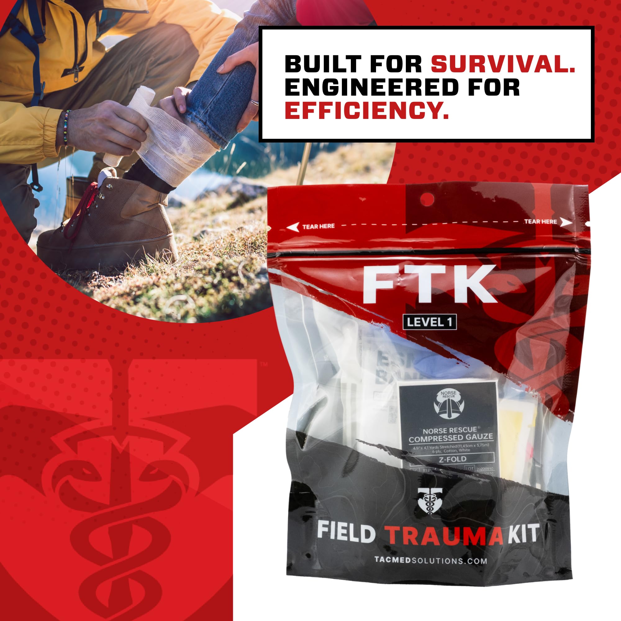 TacMed Solutions - Kit de trauma de campo Nivel 1, (FTK) Kit compacto impermeable con sangrado y control de heridas en el pecho, incluye vendaje compacto para trauma y vendaje Esmark