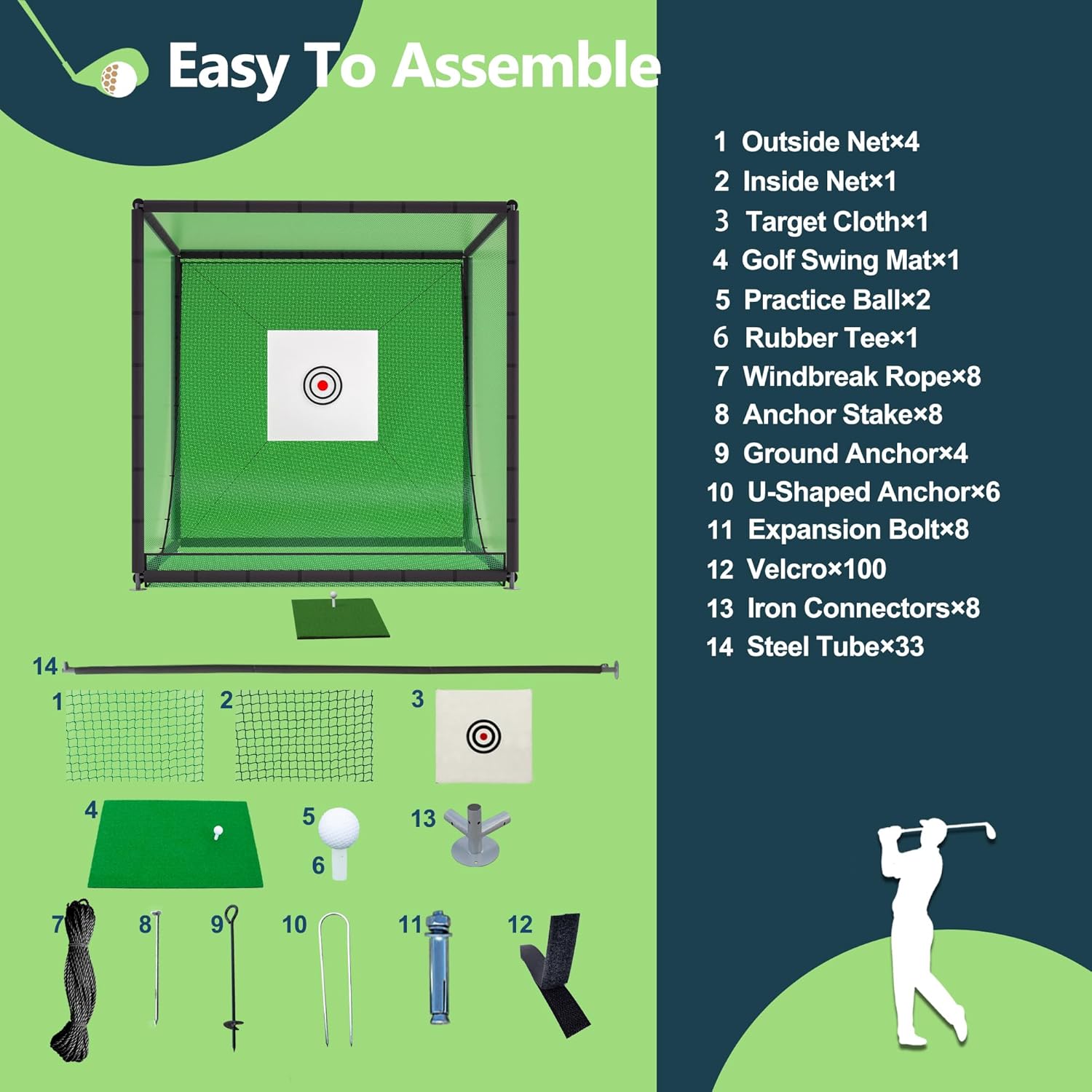 10x10x10FT Golf Practice Net Cage, Metal Frame Hitting Net Kit for Backyard, Golf Batting Cage & Training Simulator for Home, Heavy Duty Black Iron Frame