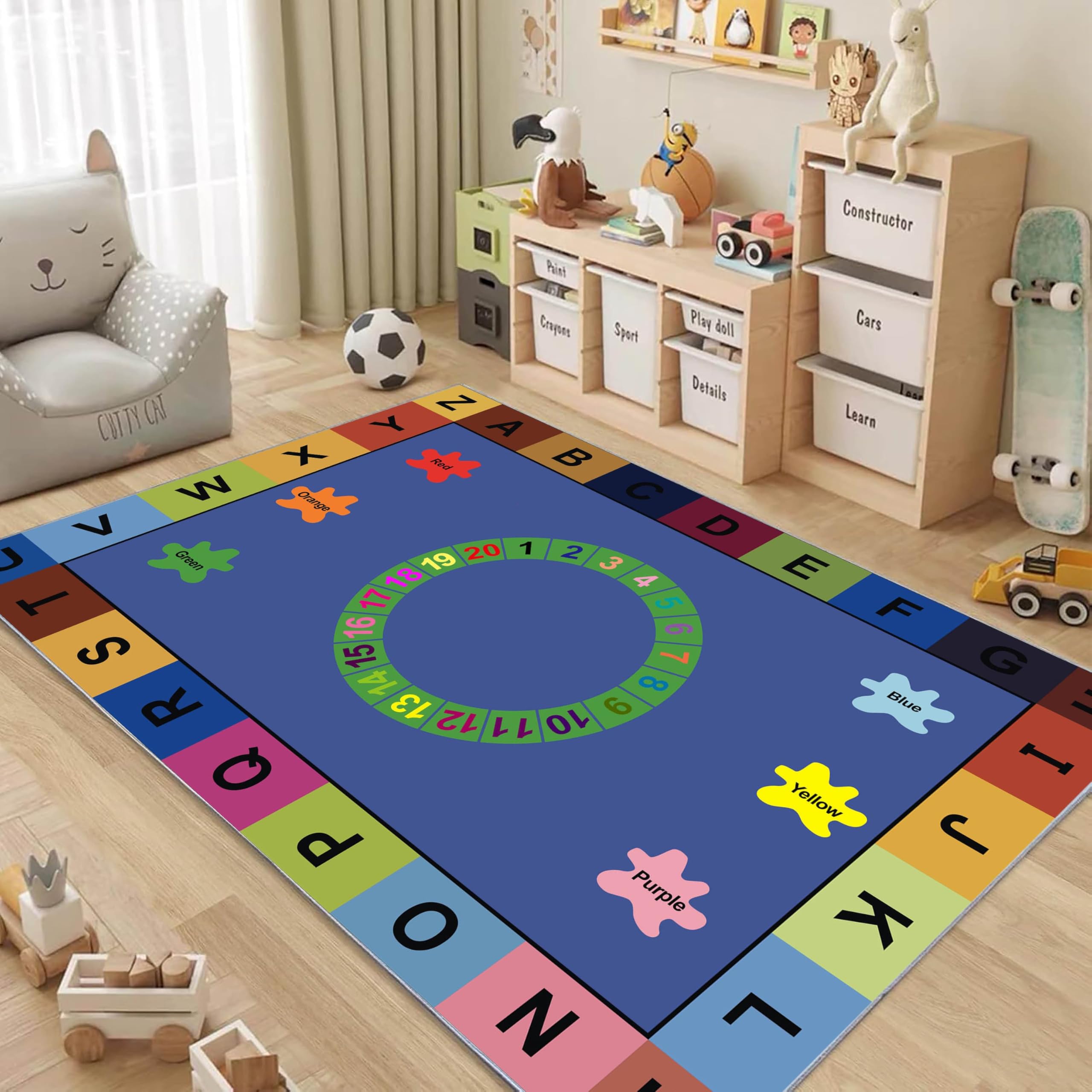 ZCLRUG Kids ABC Educational Area Rug, 180 x 300 cm Colorful Alphabet number turntable Non Slip Rug, Soft Low Pile Washable Cartoon style Blue Green Floor mat for Playroom Classroom Bedroom Carpet