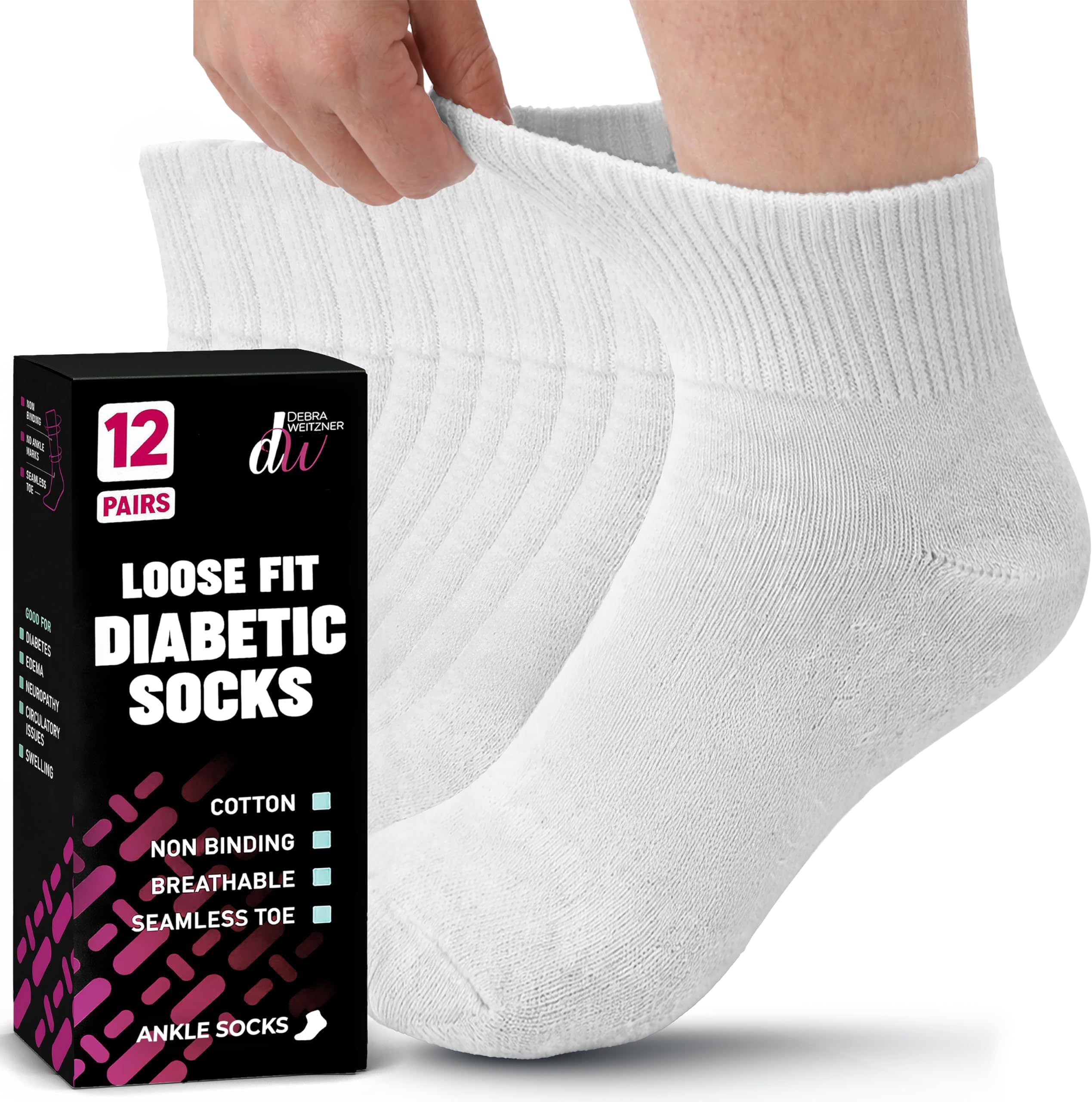 Diabetic Socks for Men & Women Loose Fit Non-binding Socks 12 Pairs Ankle/Crew