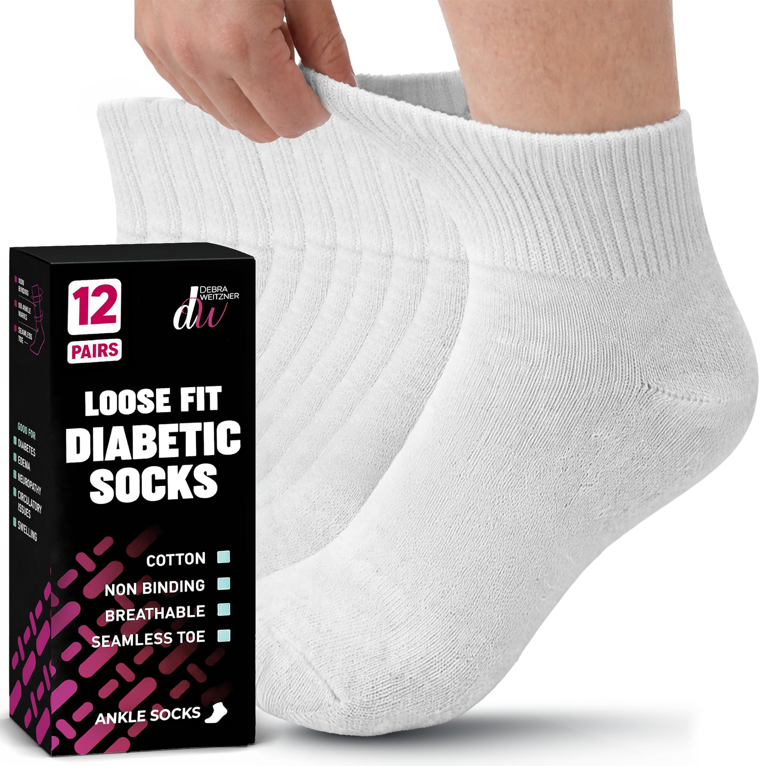 Diabetic Socks for Men & Women Loose Fit Non-binding Socks 12 Pairs Ankle/Crew