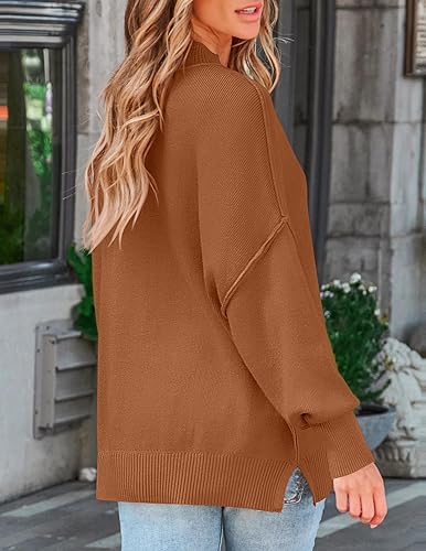 Miniatura 3 de ZESICA Suéter de punto acanalado de gran tamaño con cuello redondo y abertura lateral para mujer, otoño 2025