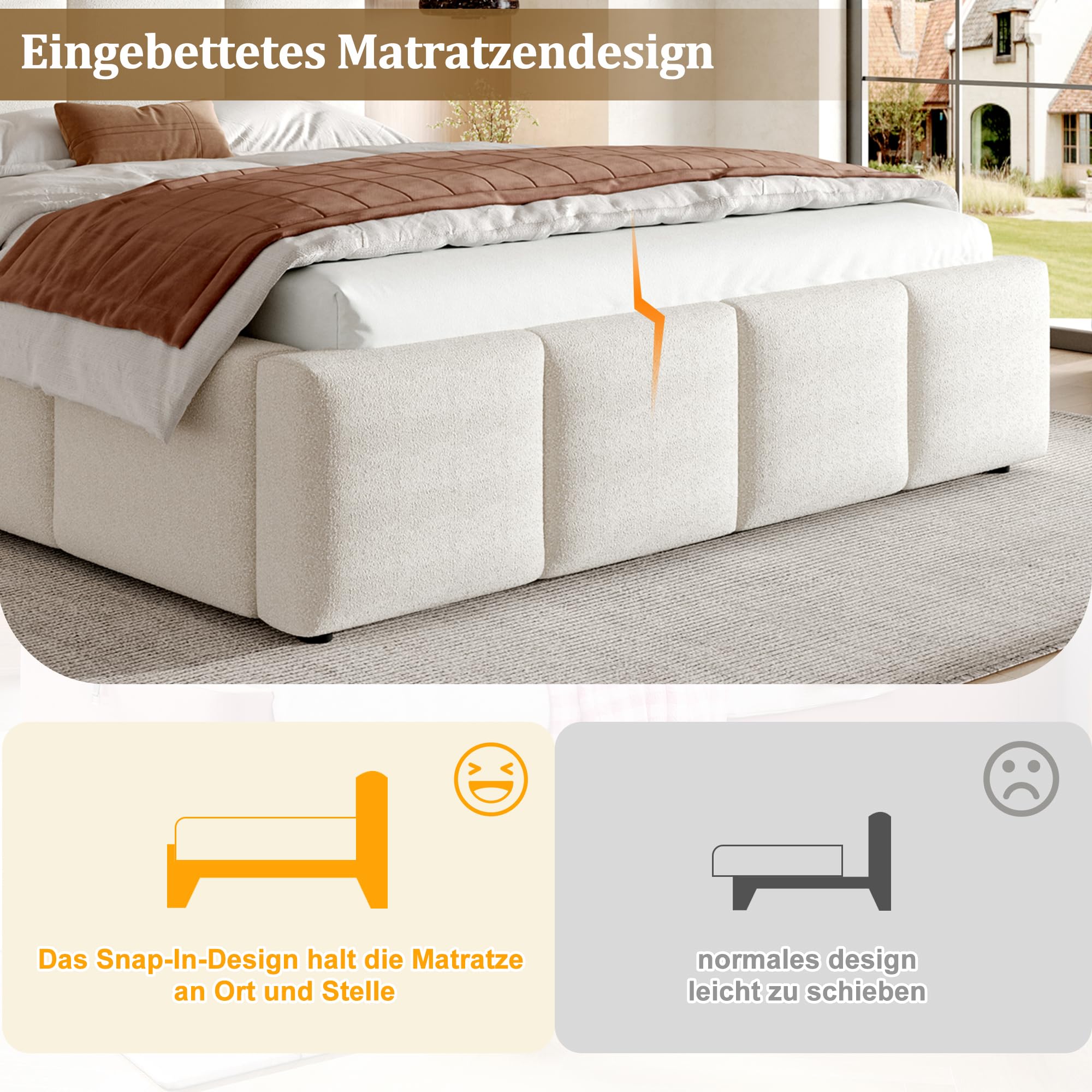Letto imbottito160 x 200 cm, letto matrimoniale con rete a doghe, testiera, testiera imbottita, bouclé beige(Senza Materasso)