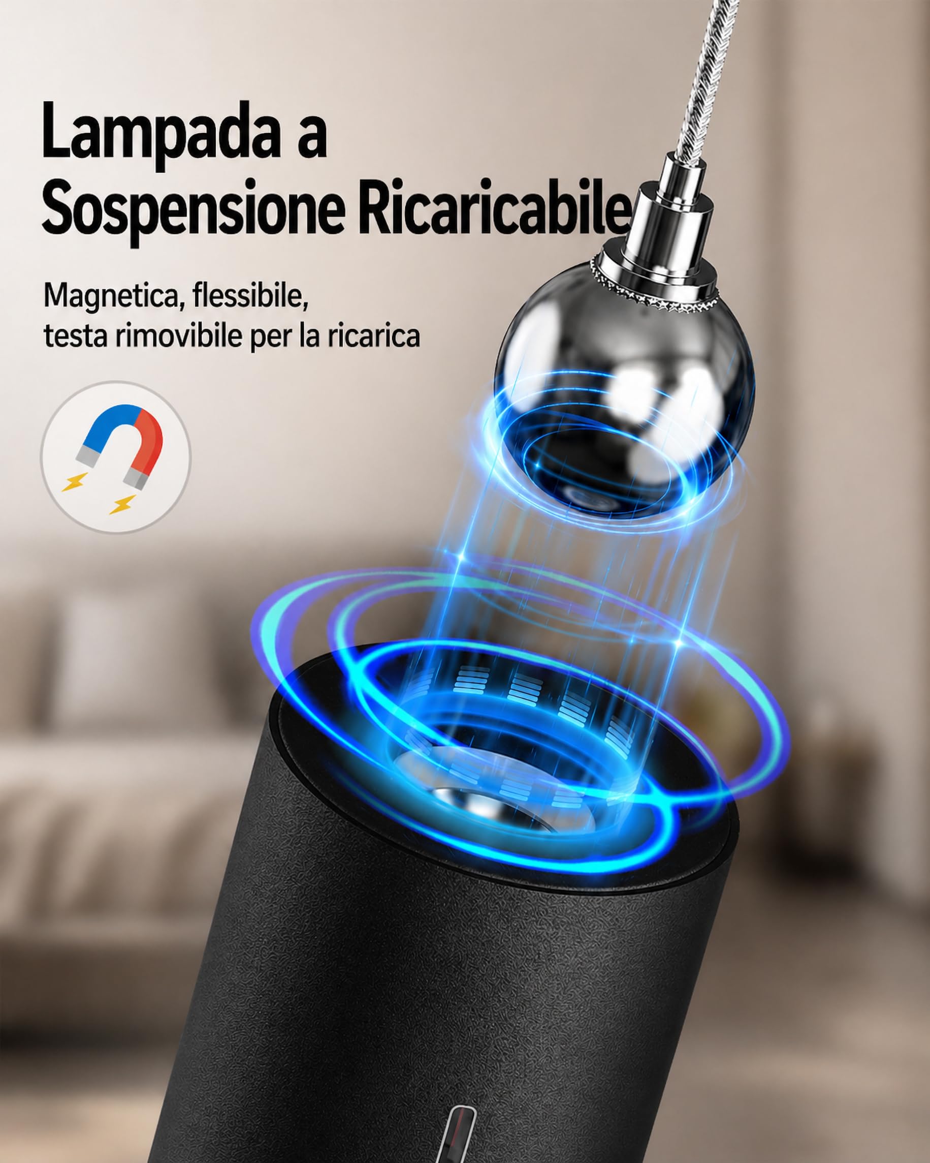 ACMHNC Lampada a Sospensione a Batteria Senza Fili,5W LED Sospensione Ricaricabile USB-C 4500mAh con Telecomando,Dimmerabile 3000K/4000K/6000K, Timer,Lampadario Camera da Letto Cucina, Nero,Ø4x30cm